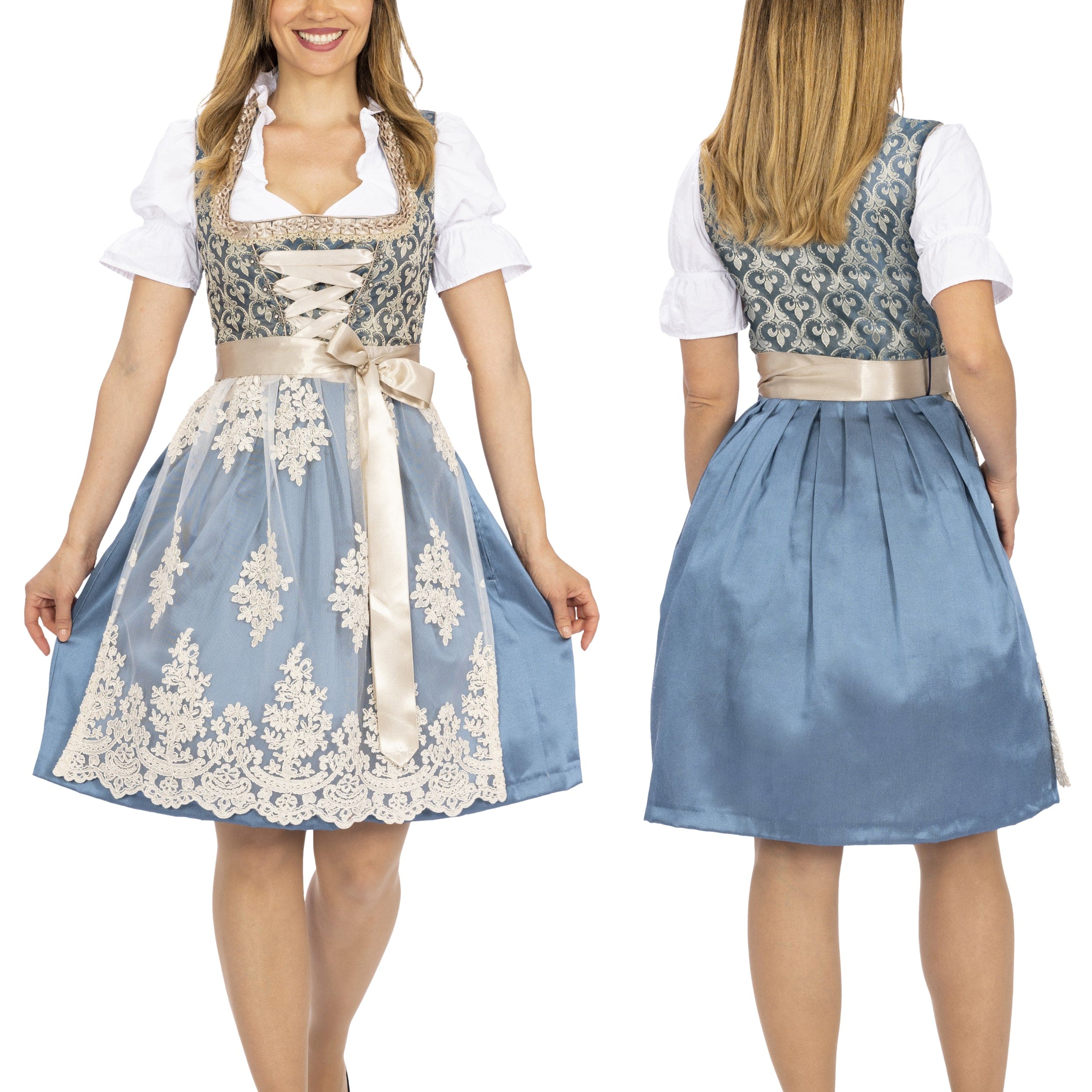 Bavaria Trachten Women's German Dirndl Dress Blue Gold Oktoberfest