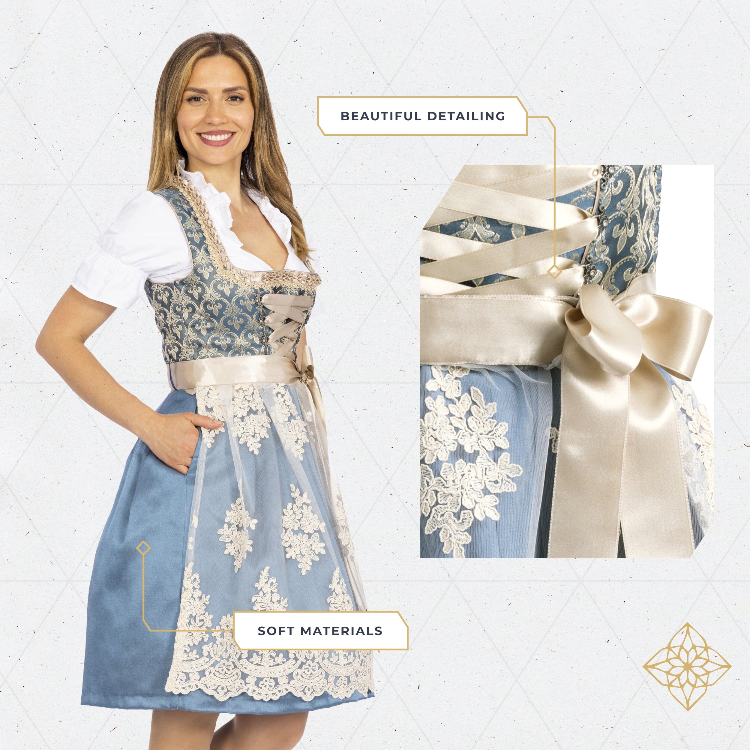 Bavaria Trachten Women's German Dirndl Dress Blue Gold Oktoberfest