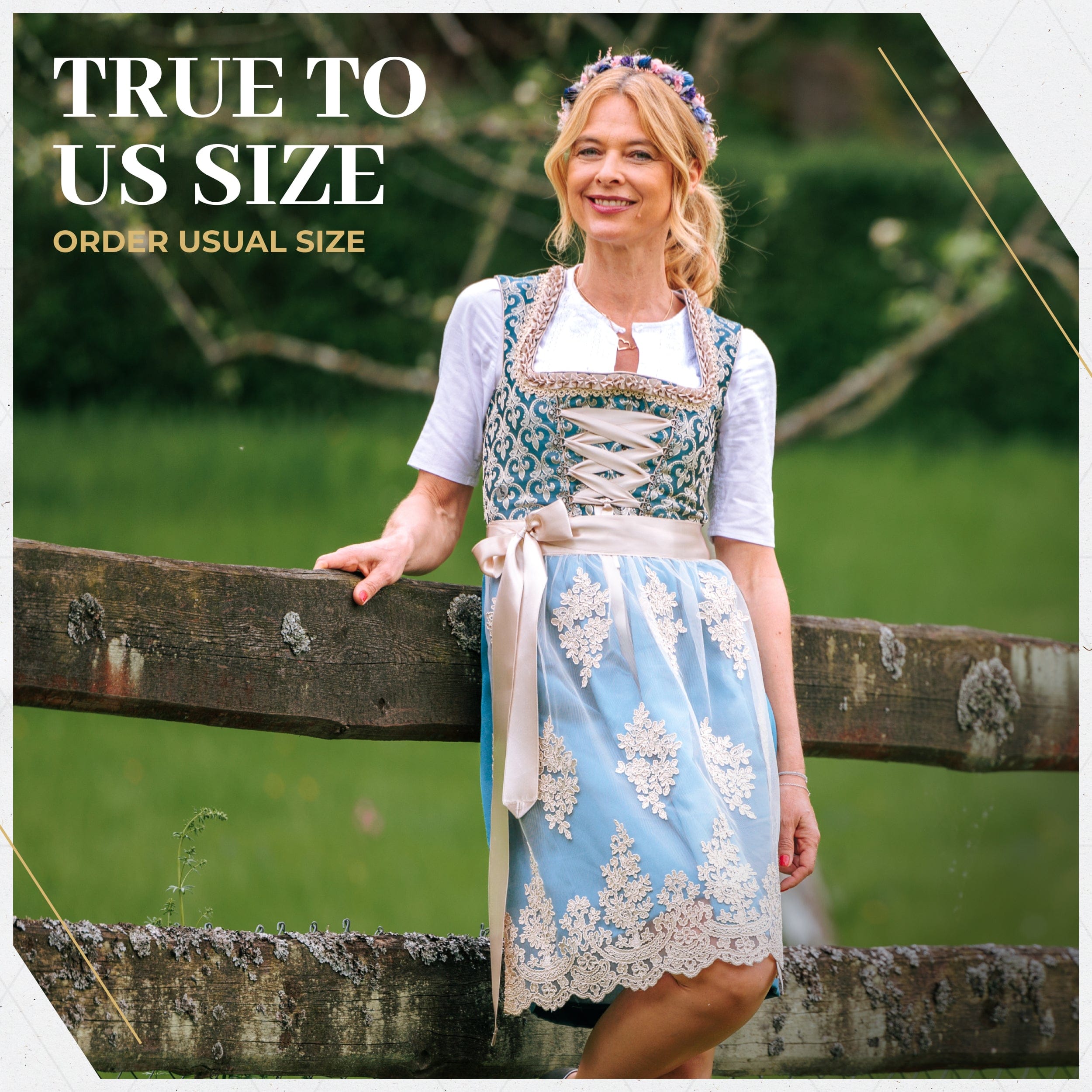 Bavaria Trachten Women's German Dirndl Dress Blue Gold Oktoberfest