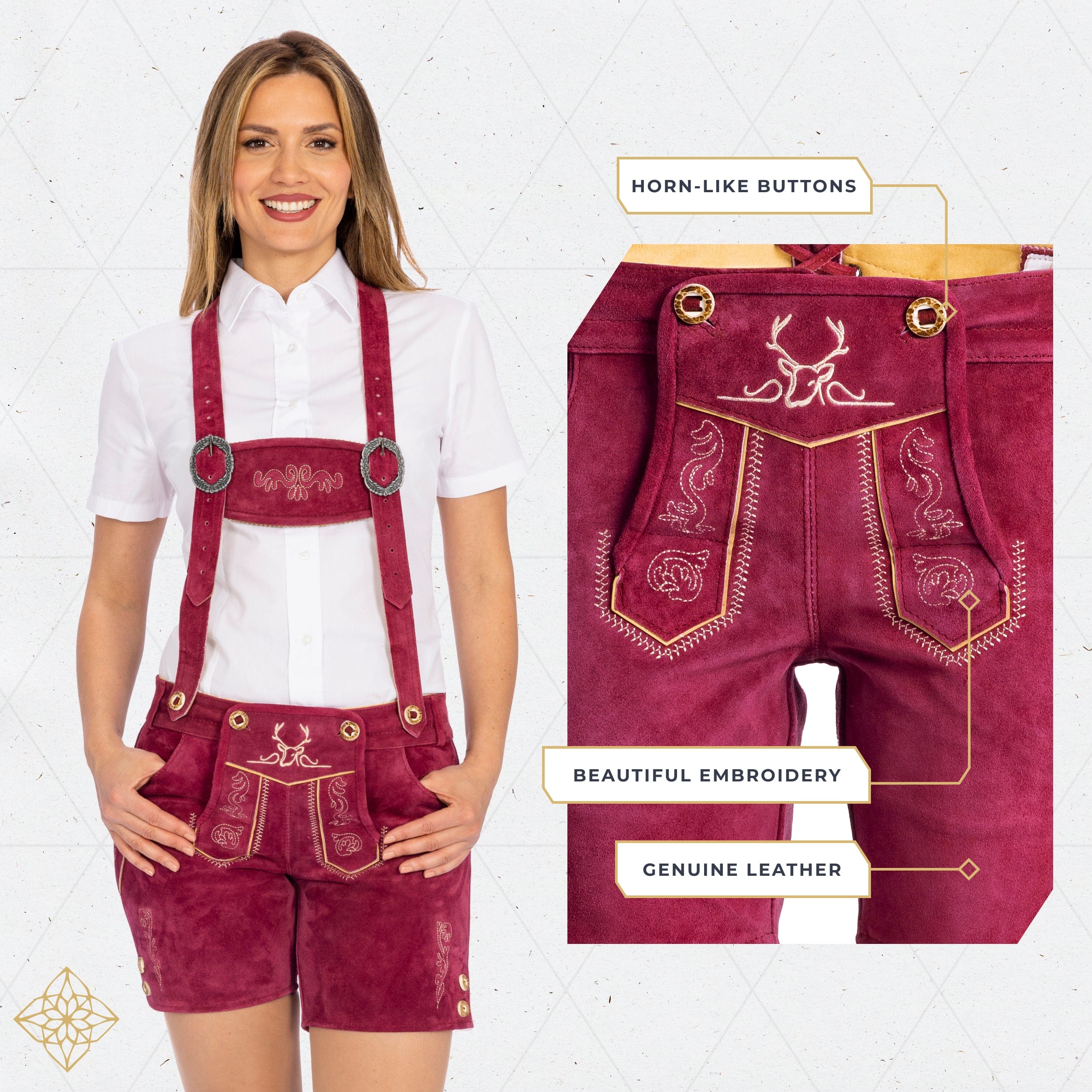 Bavaria Trachten Lederhosen Women Short Pants Cherry Red Oktoberfest
