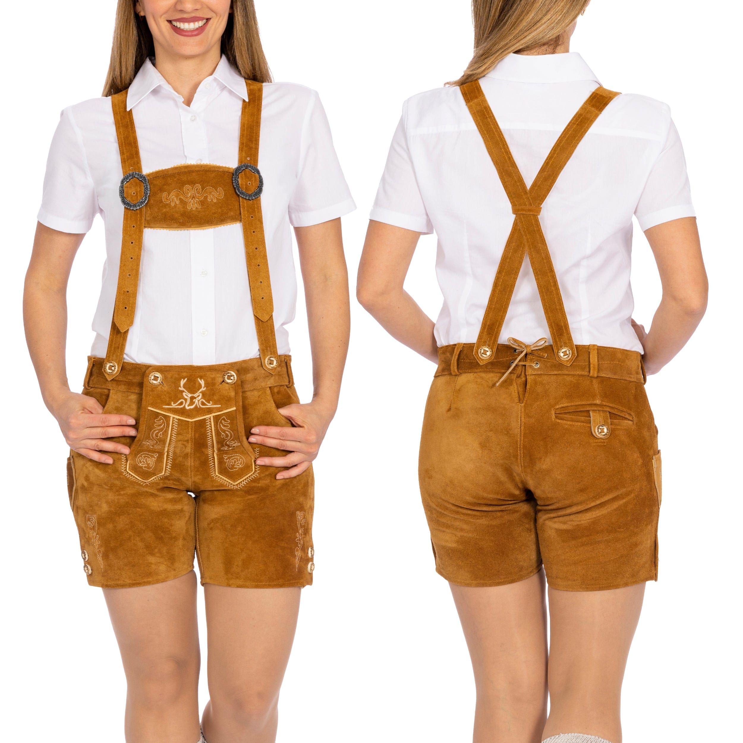 Bavaria Trachten Lederhosen Women Short Pants Light Brown Oktoberfest