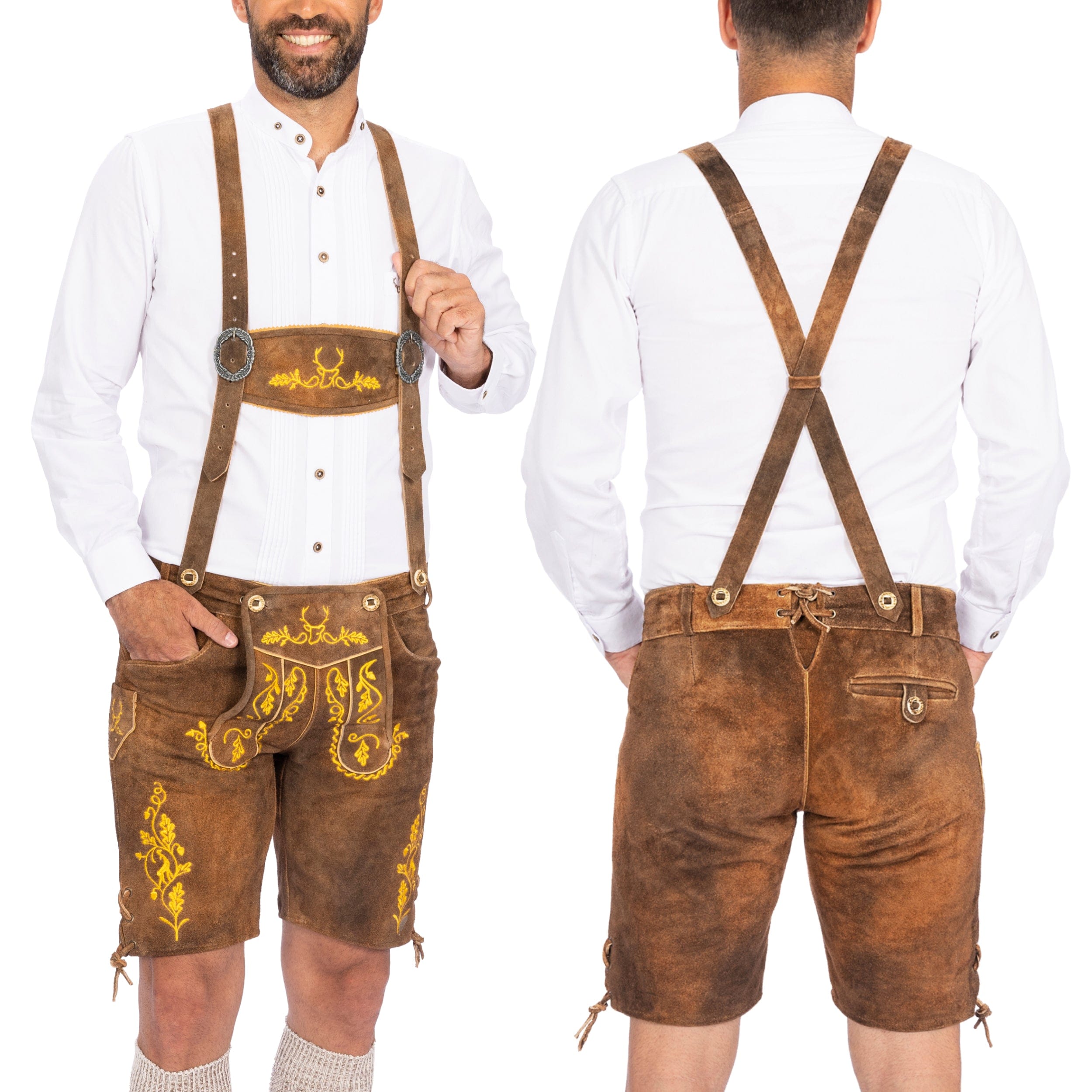 Bavaria Trachten Lederhosen Men Short Olive Yellow Oktoberfest
