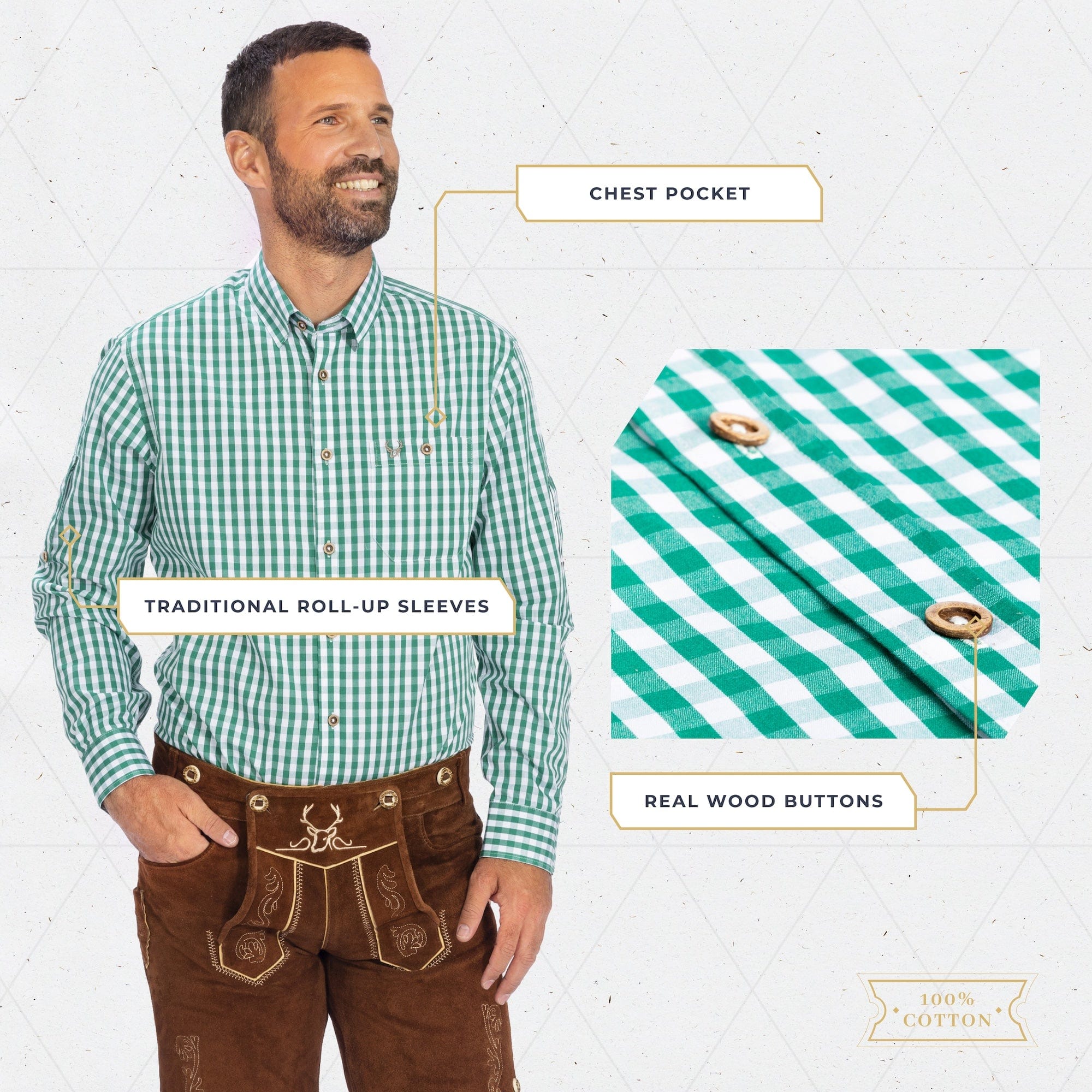 Bavaria Trachten Shirt Men Classic Checkered Green Oktoberfest