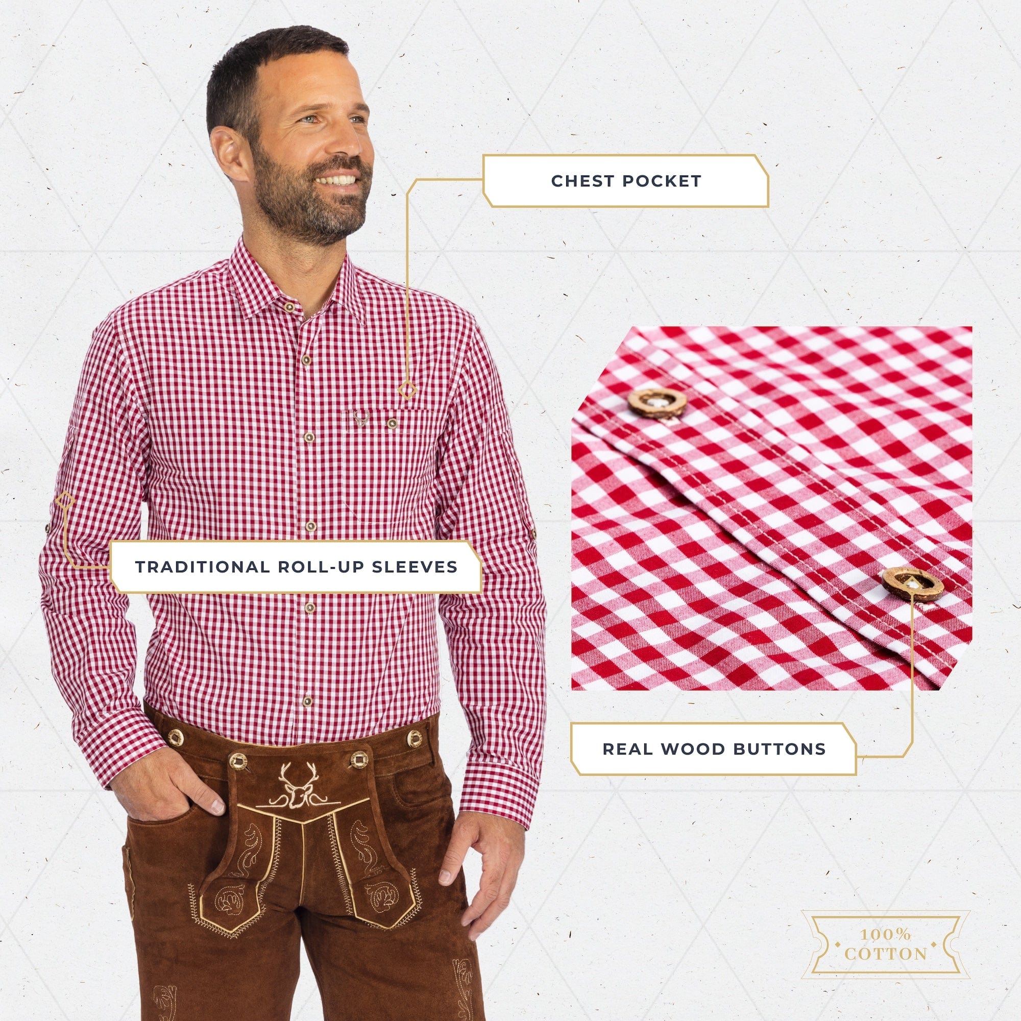 Bavaria Trachten Shirt Men Classic Checkered Red Oktoberfest