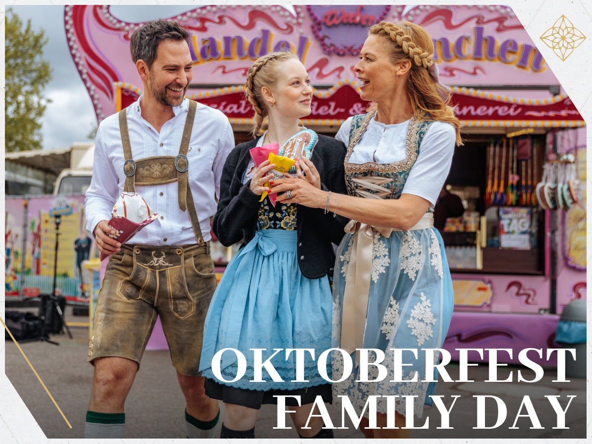 Children in traditional German attire at Oktoberfest family day. family with lederhosen