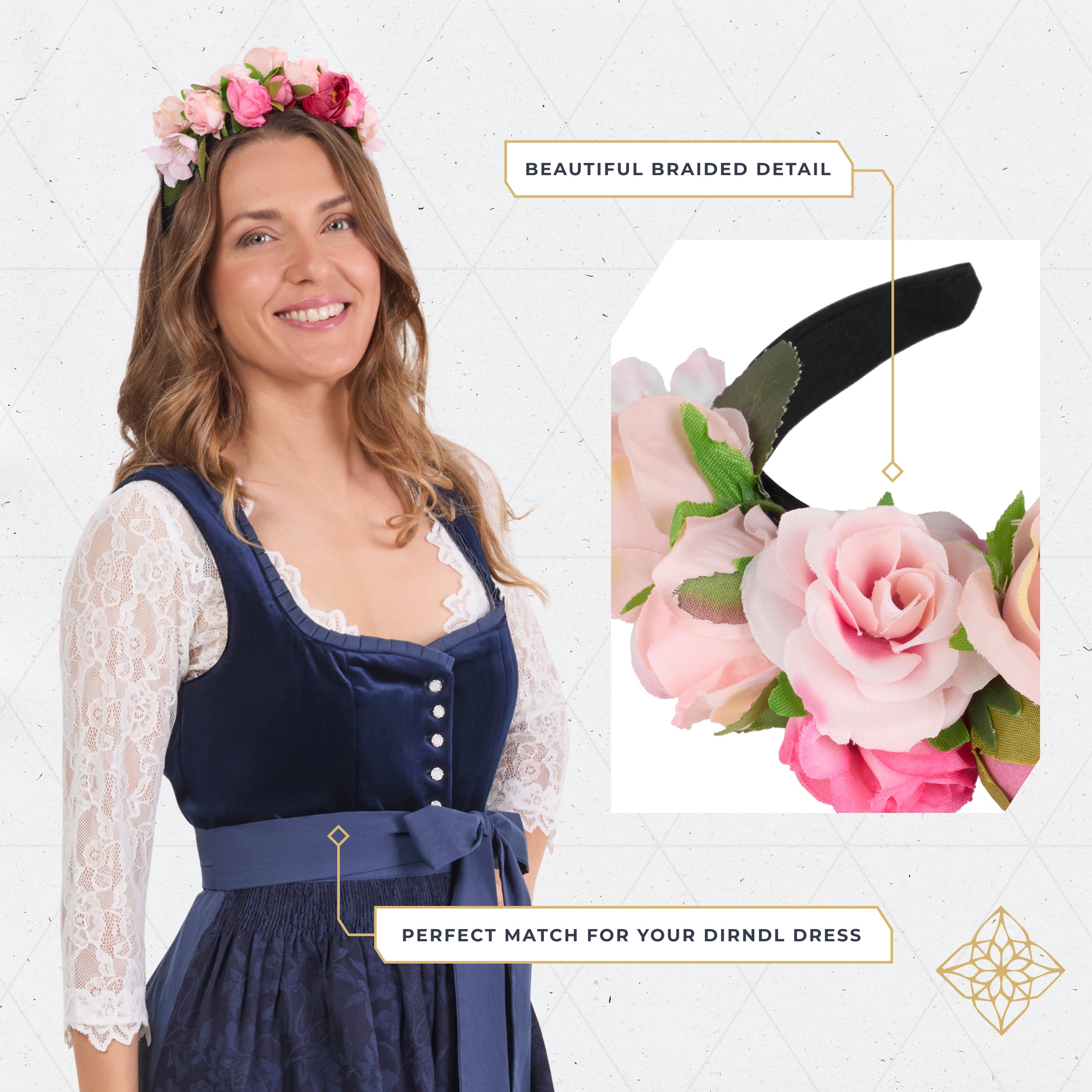Bavaria Trachten Headband for Women Flower Design Rosa