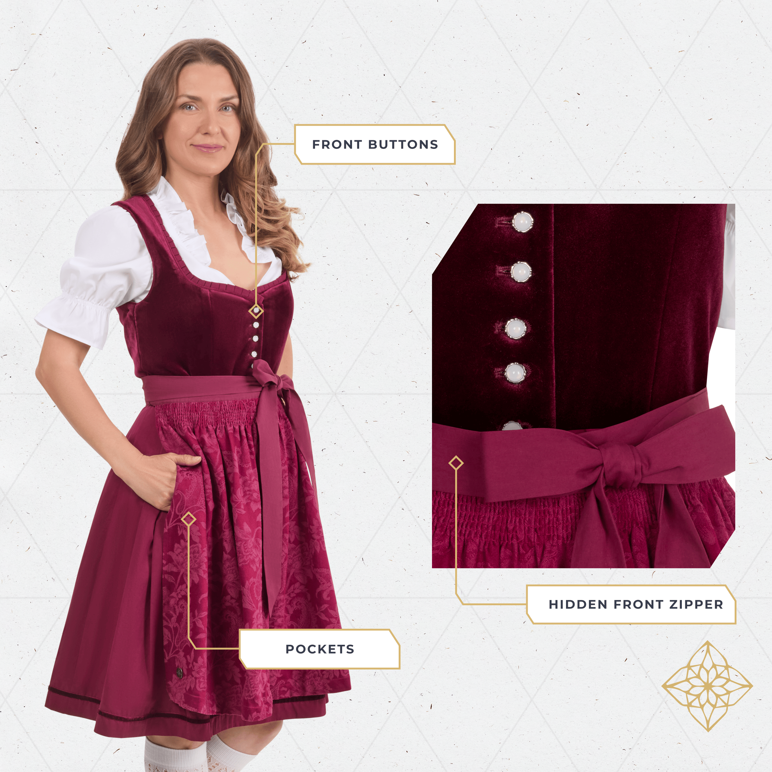 Dirndl Set with Buttons | No Blouse | Bordeaux
