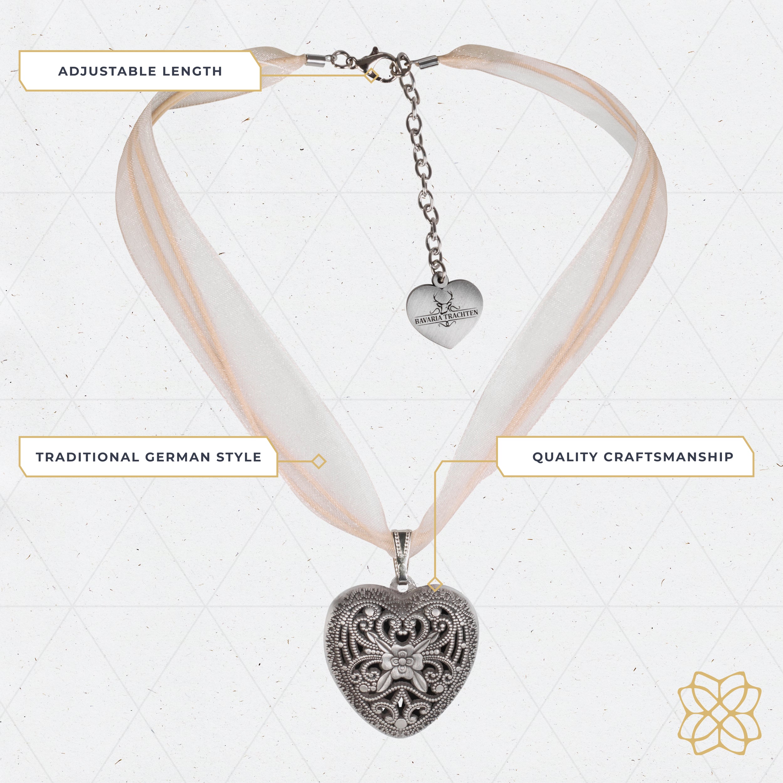Organza Heart Necklace Gold