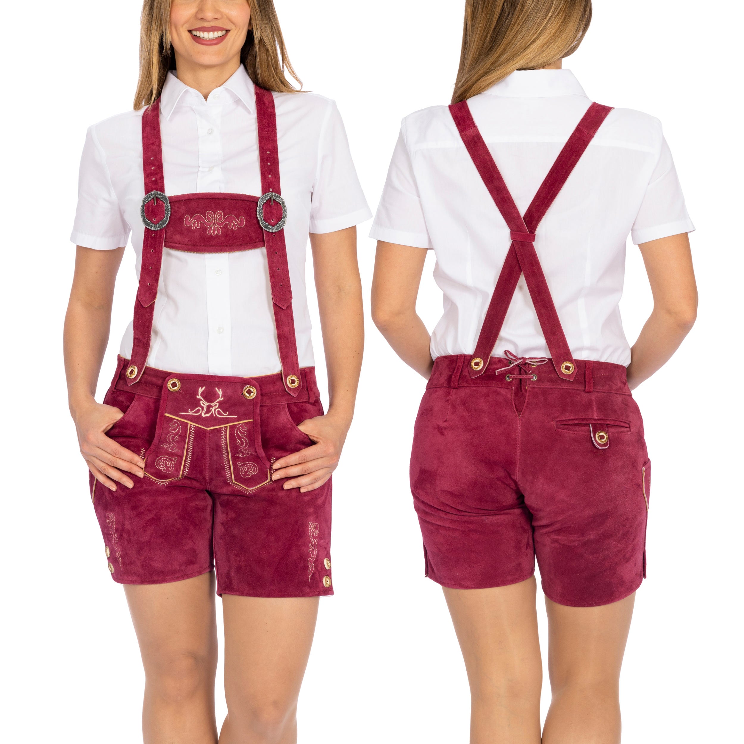 Bavaria Trachten Lederhosen Women Short Pants Cherry Red Oktoberfest 
