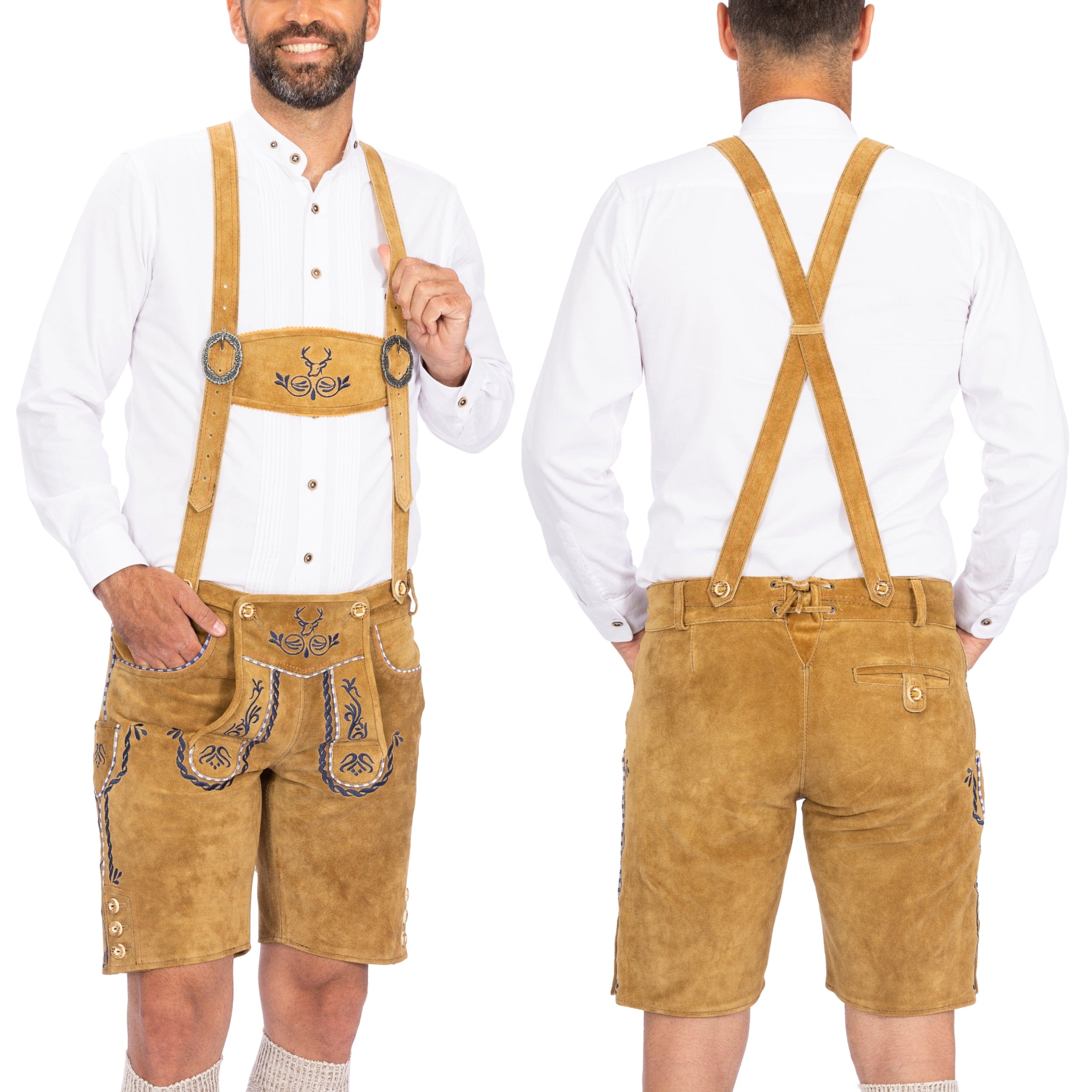 Bavaria Trachten Lederhosen Men Short Antique Sand Blue Oktoberfest 