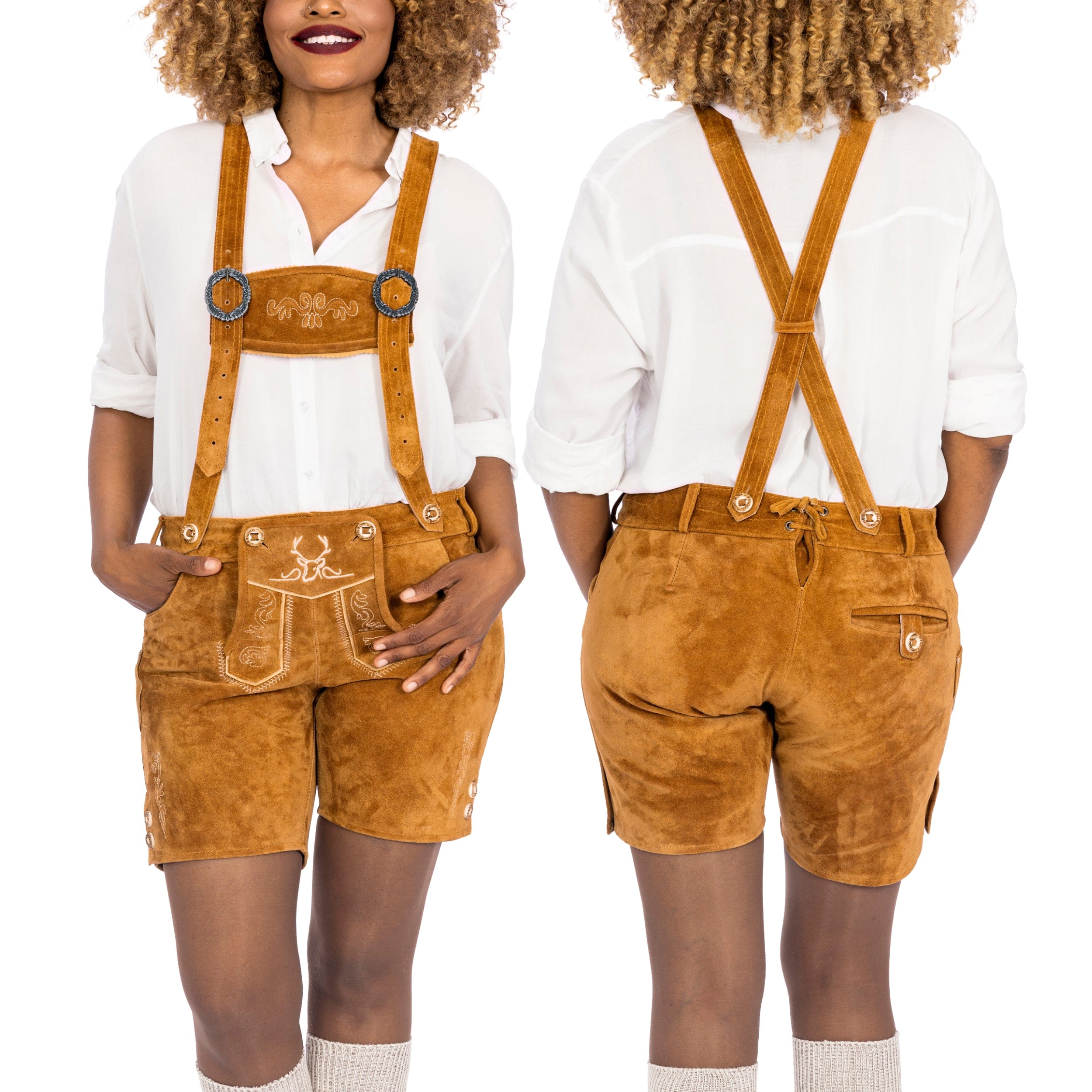 Bavaria Trachten Lederhosen Women Short Pants Light Brown Oktoberfest 