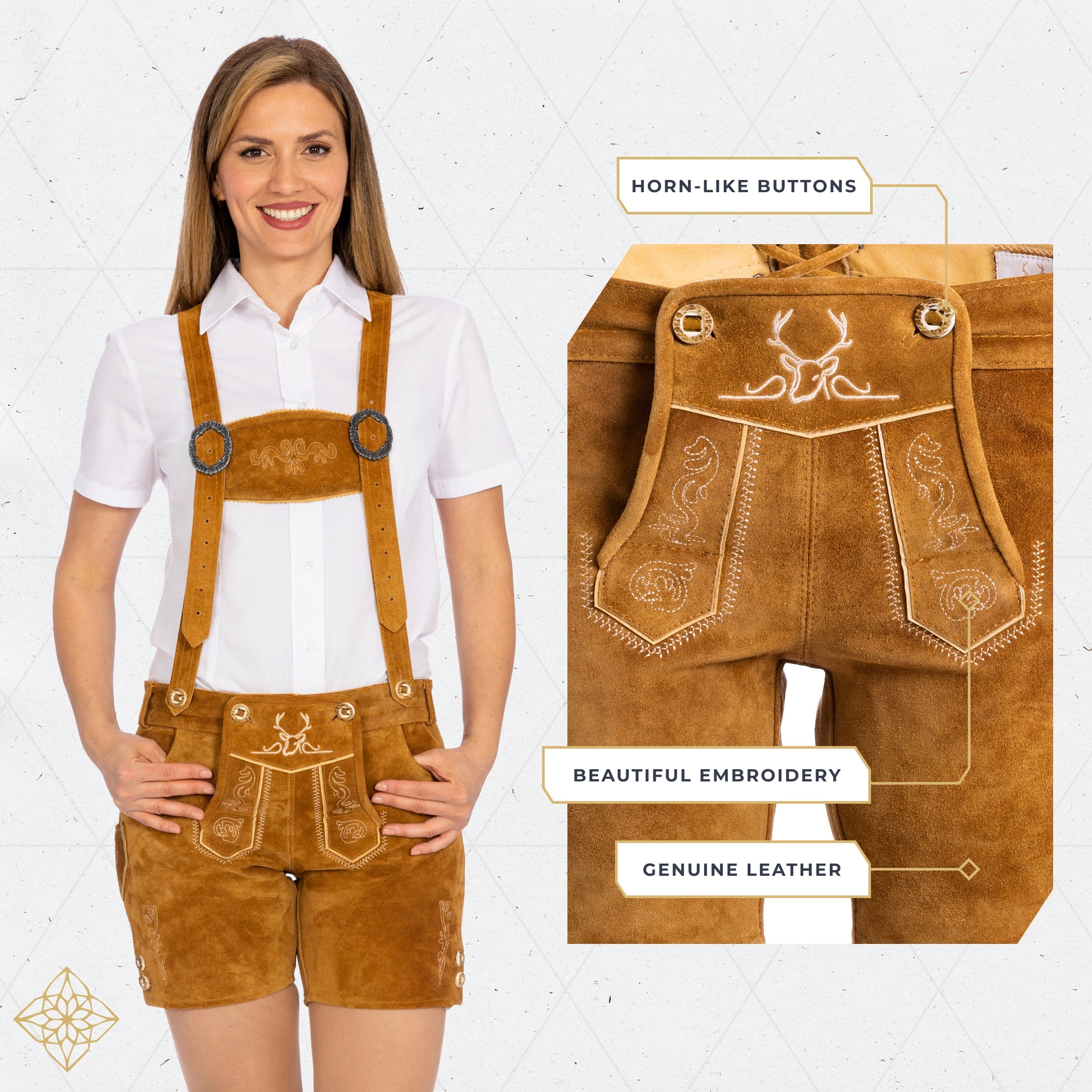 Bavaria Trachten Lederhosen Women Short Pants Light Brown Oktoberfest 