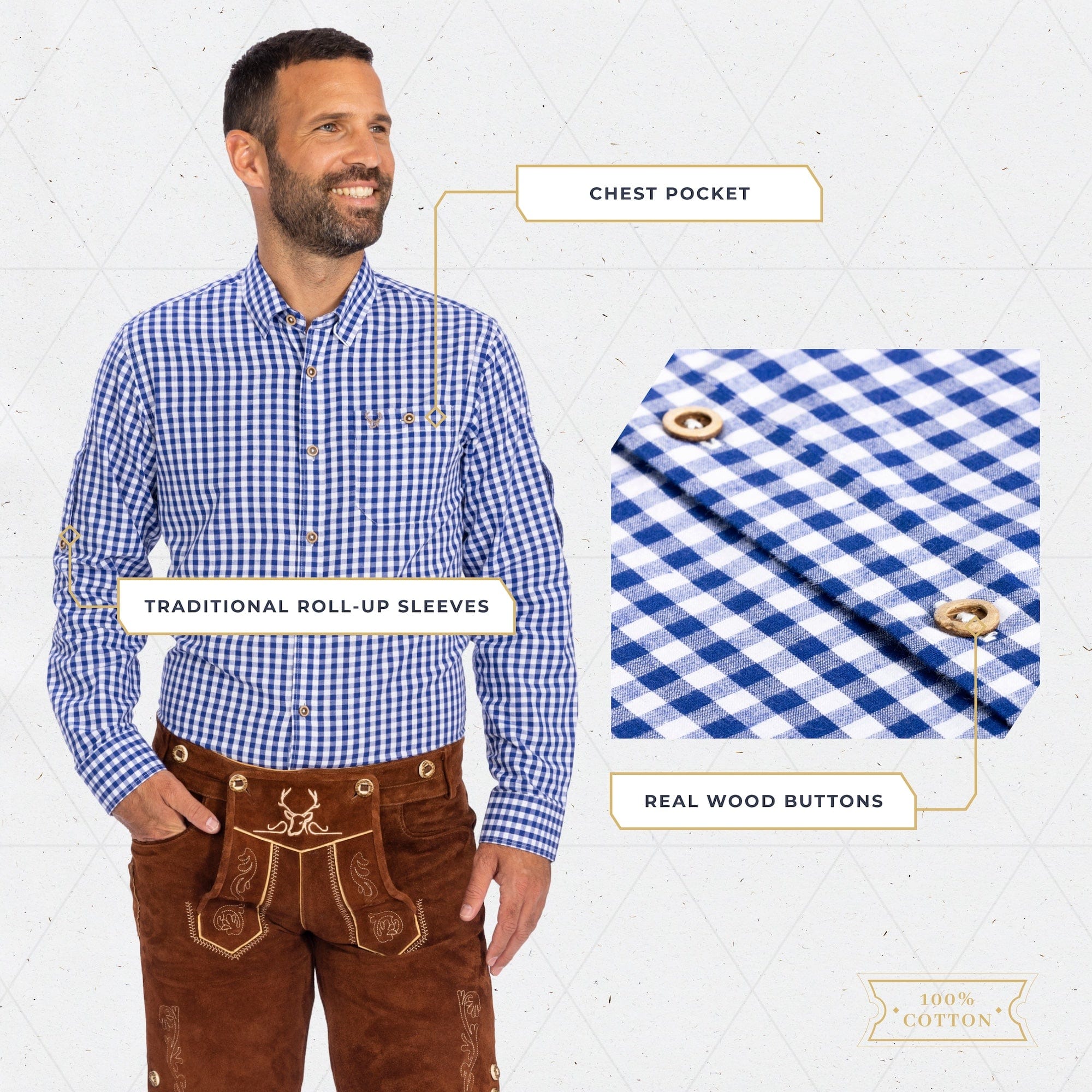 Bavaria Trachten Shirt Men Classic Checkered Blue Oktoberfest 