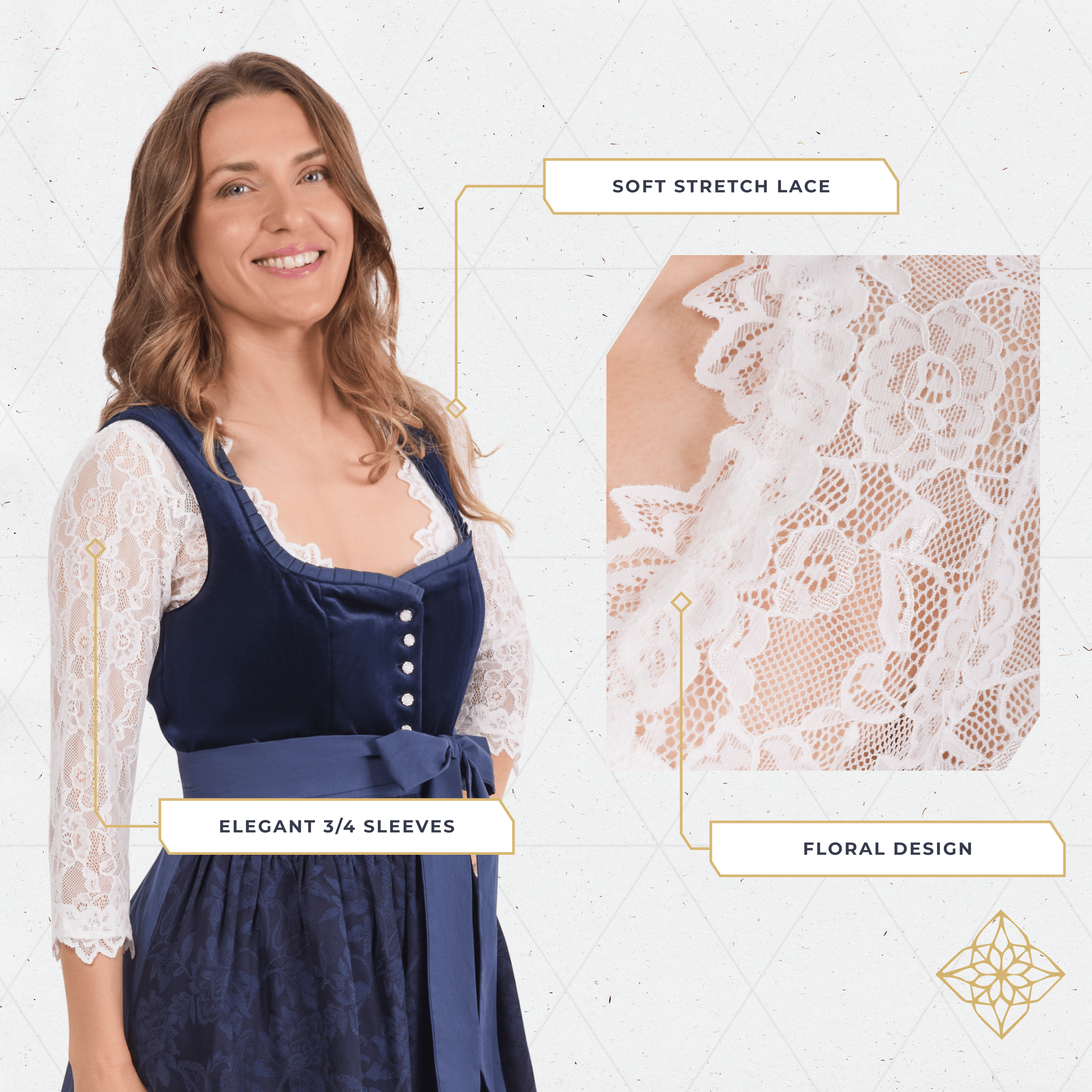Bavaria Trachten Dirndl Blouse  3/4 Sleeve White Lace Oktoberfest 
