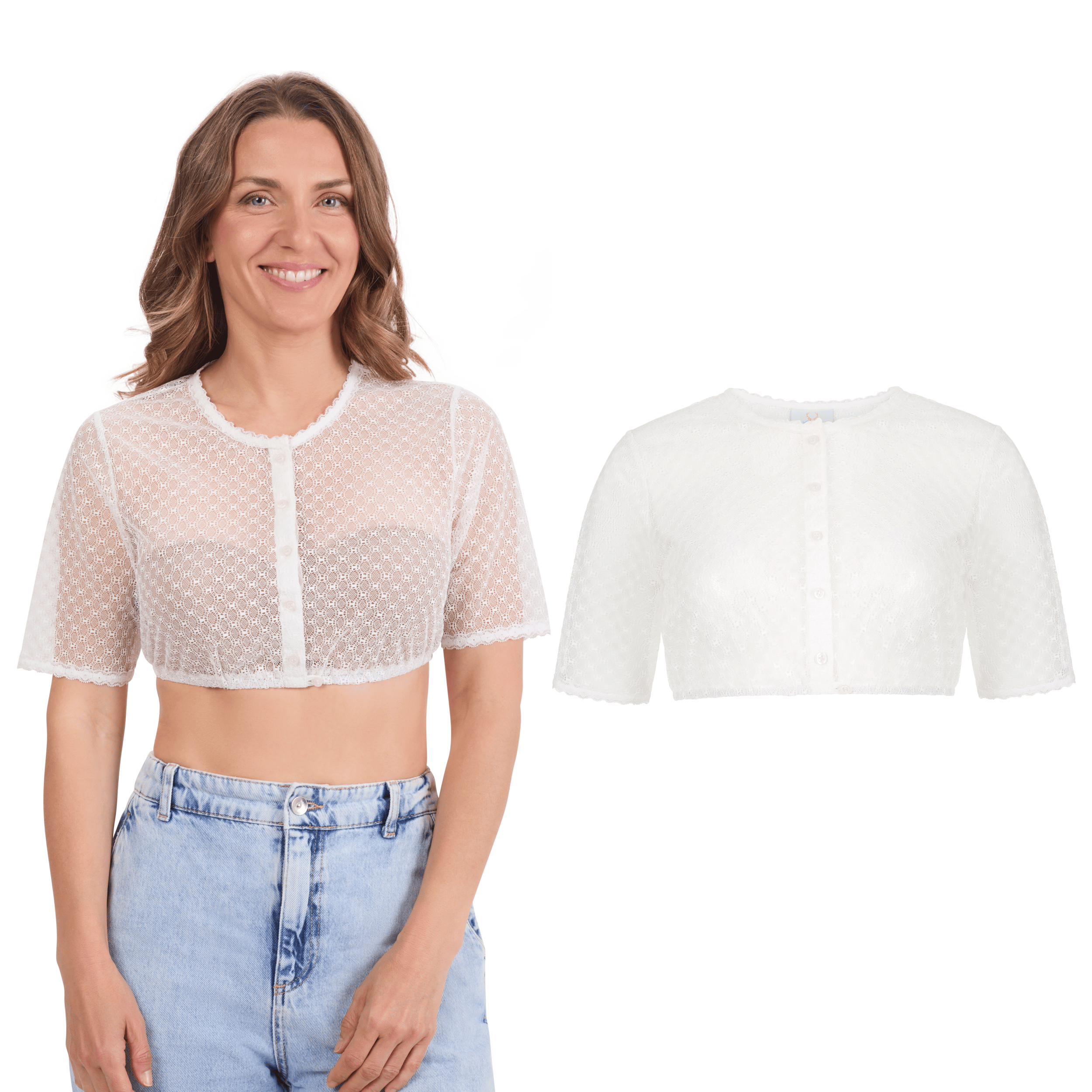 Bavaria Trachten Dirndl Blouse Short Sleeve White Lace Oktoberfest 
