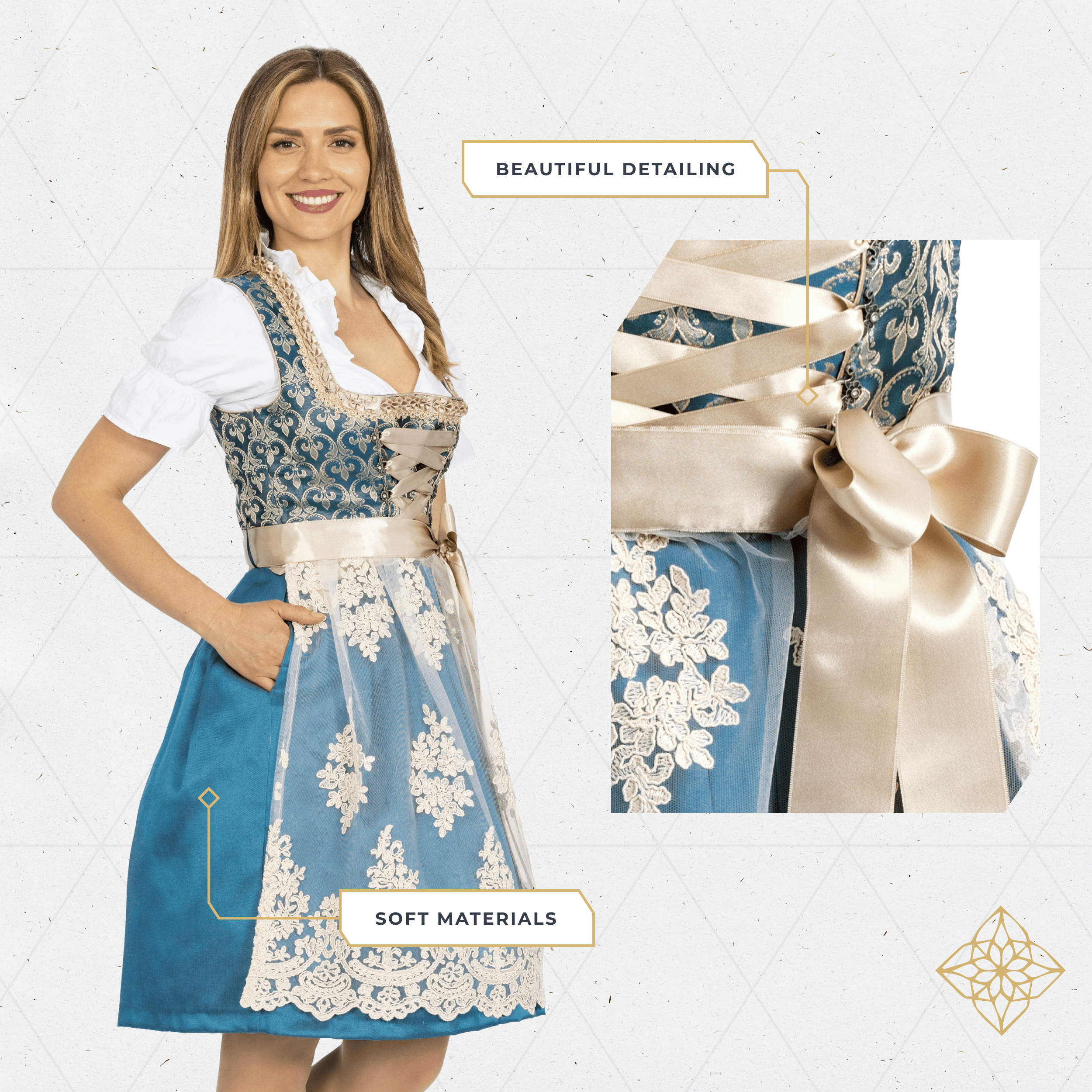 Bavaria Trachten German Dirndl Dress Set Blue Gold with Blouse Oktoberfest 