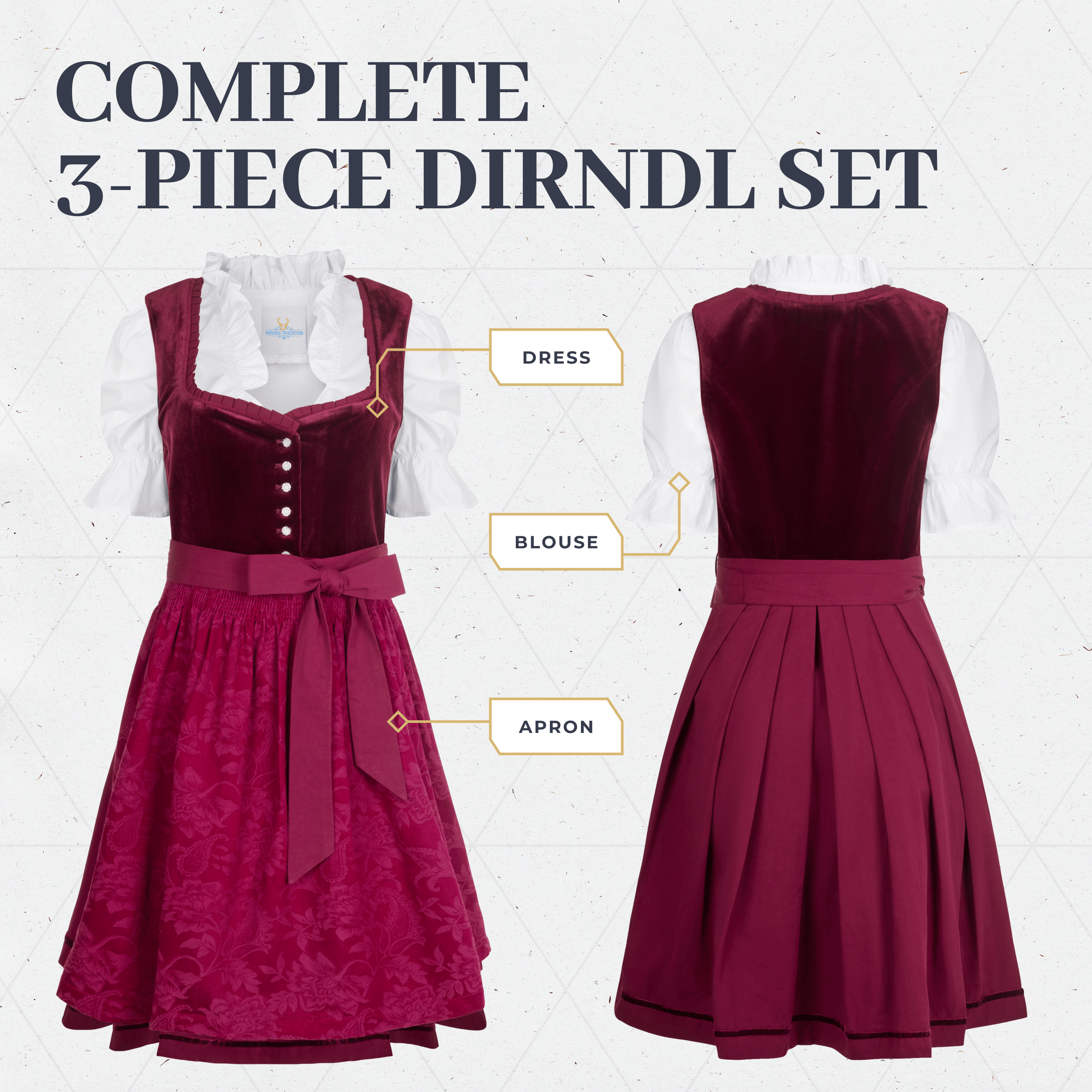 Bavaria Trachten German Dirndl Dress Set Burgundy Velvet with Blouse Oktoberfest 