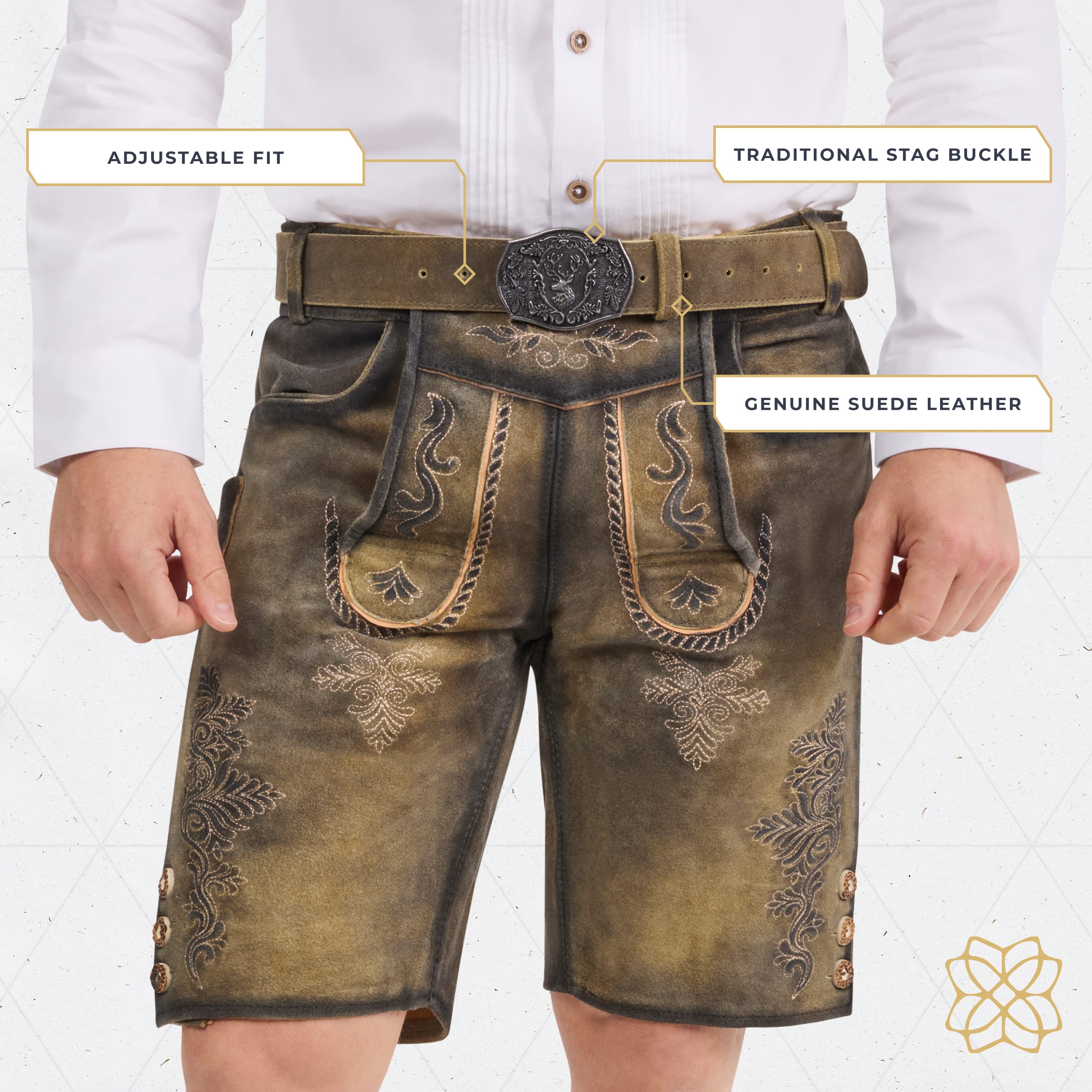 Bavaria Trachten Lederhosen Belt for Men Genuine Suede Leather Oktoberfest Belt with Traditional Stag Buckle, Adjustable Bavarian Belt - Antique Waxed Brown Oktoberfest 
