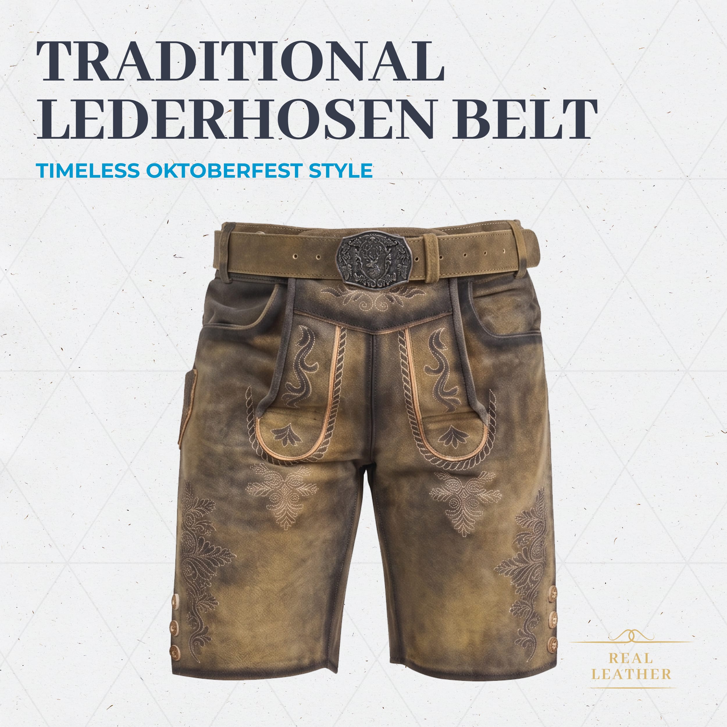 Bavaria Trachten Lederhosen Belt for Men Genuine Suede Leather Oktoberfest Belt with Traditional Stag Buckle, Adjustable Bavarian Belt - Antique Waxed Brown Oktoberfest 