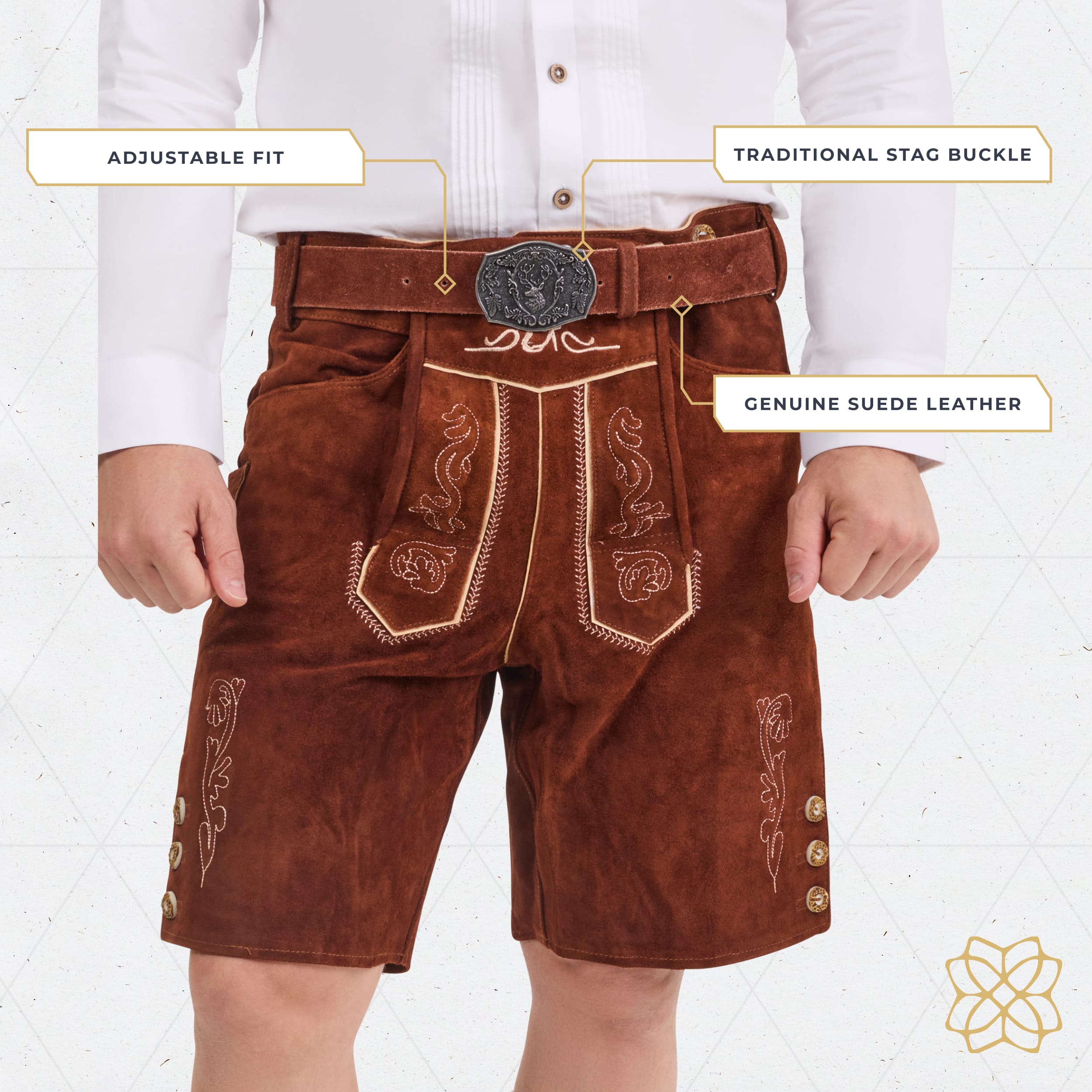 Bavaria Trachten Lederhosen Belt for Men Genuine Suede Leather Oktoberfest Belt with Traditional Stag Buckle, Adjustable Bavarian Belt - Dark Brown Oktoberfest 