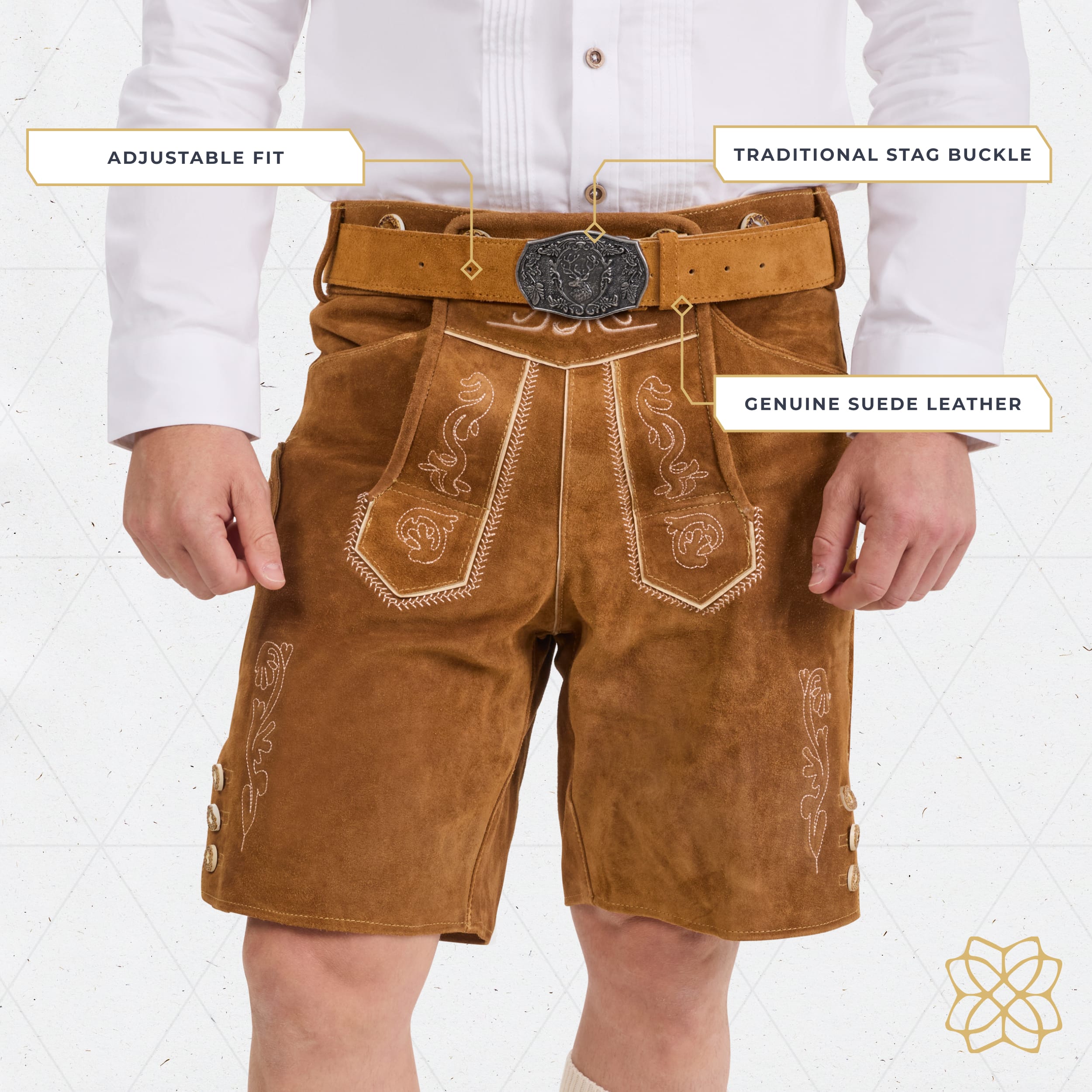 Bavaria Trachten Lederhosen Belt for Men Genuine Suede Leather Oktoberfest Belt with Traditional Stag Buckle, Adjustable Bavarian Belt - Light Brown Oktoberfest 