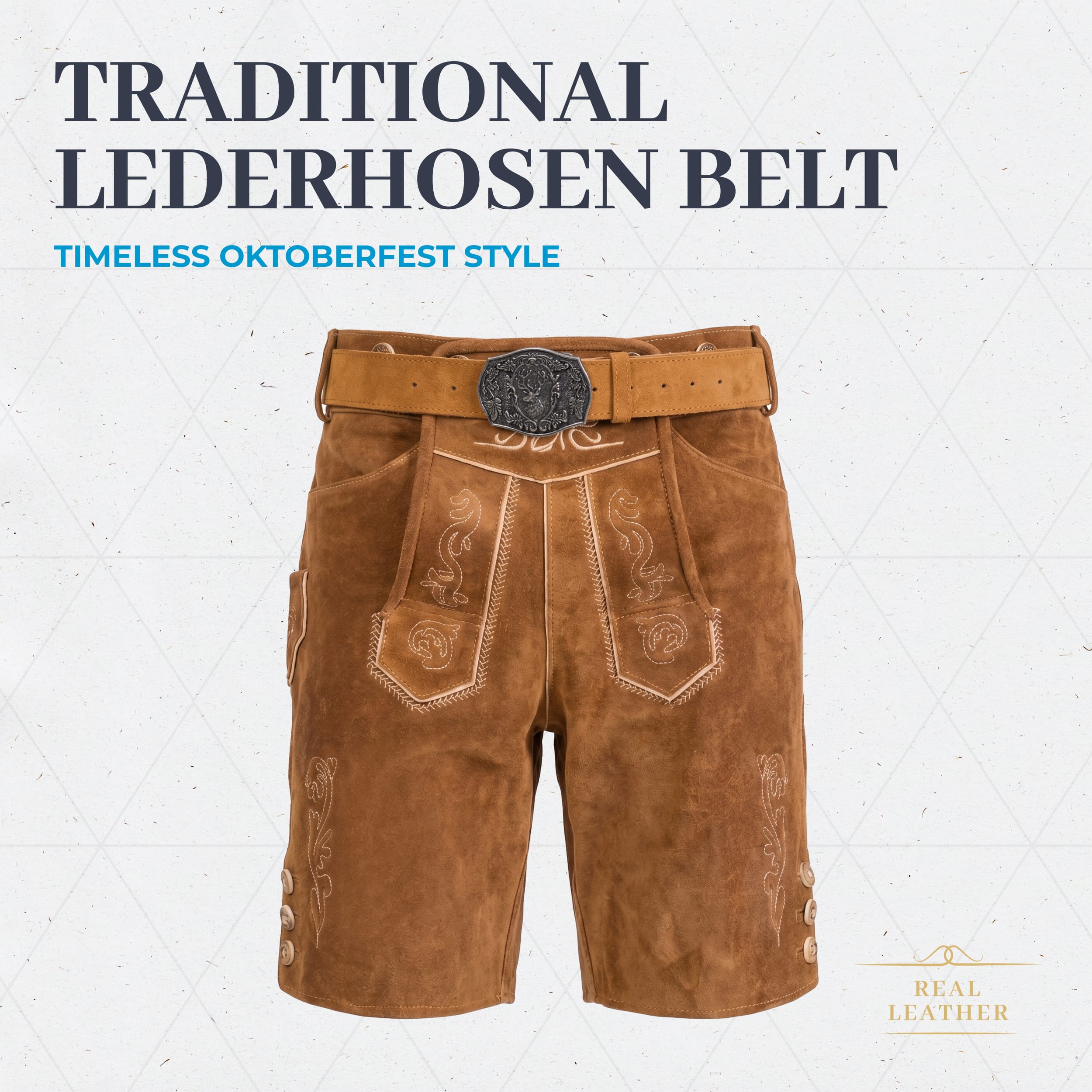Bavaria Trachten Lederhosen Belt for Men Genuine Suede Leather Oktoberfest Belt with Traditional Stag Buckle, Adjustable Bavarian Belt - Light Brown Oktoberfest 