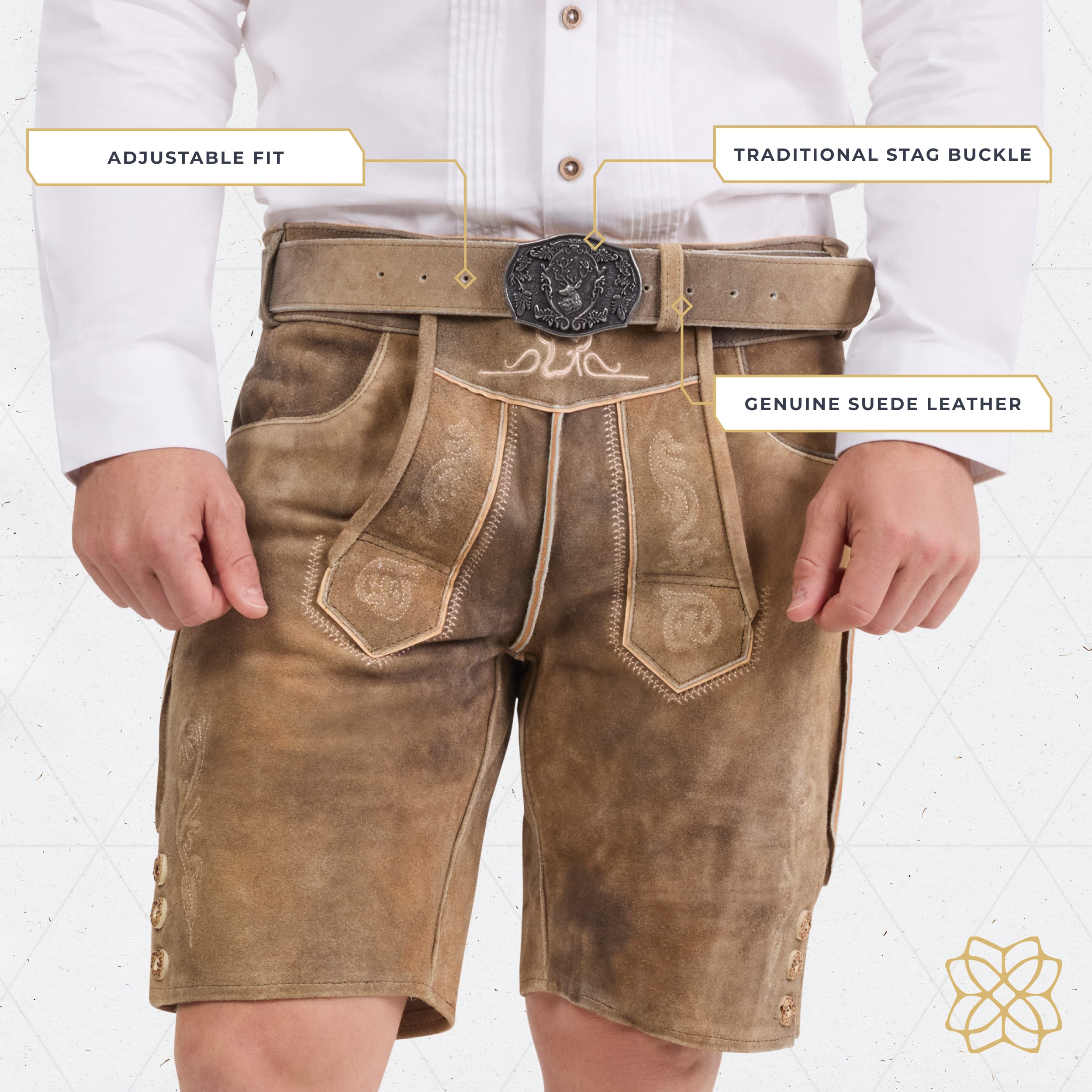 Bavaria Trachten Lederhosen Belt for Men Genuine Suede Leather Oktoberfest Belt with Traditional Stag Buckle, Adjustable Bavarian Belt - Mushroom Brown Oktoberfest 