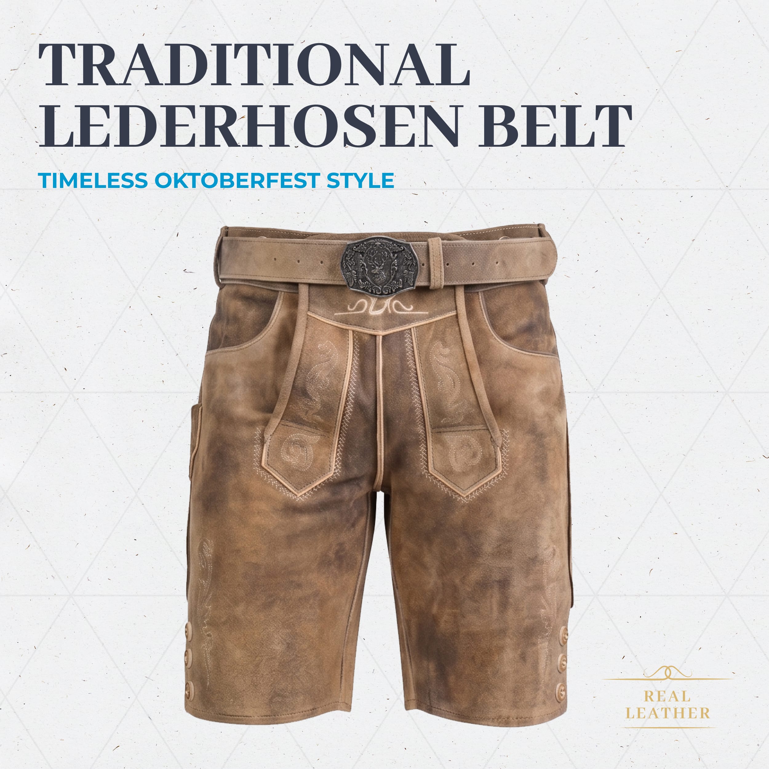 Bavaria Trachten Lederhosen Belt for Men Genuine Suede Leather Oktoberfest Belt with Traditional Stag Buckle, Adjustable Bavarian Belt - Mushroom Brown Oktoberfest 