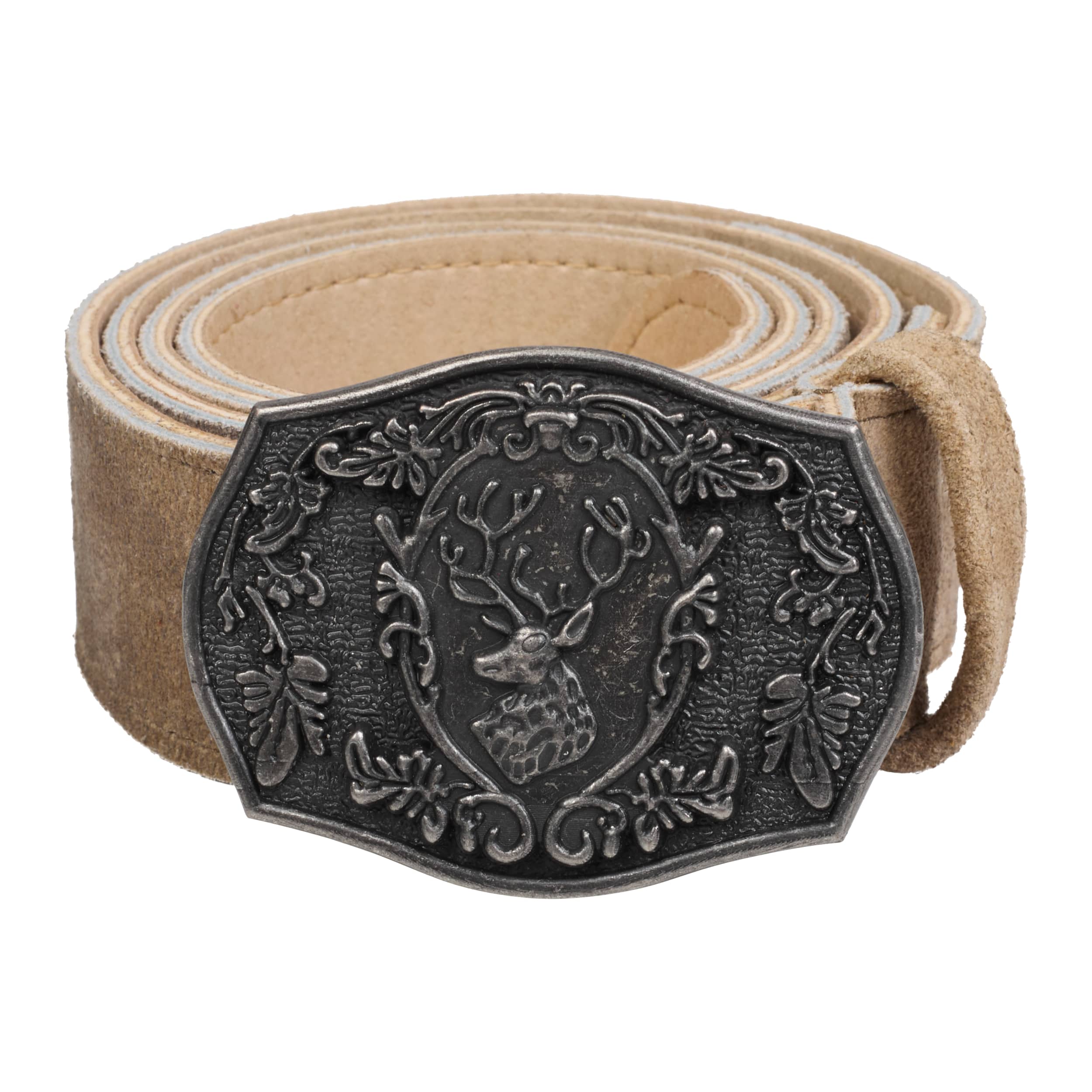 Bavaria Trachten Lederhosen Belt for Men Genuine Suede Leather Oktoberfest Belt with Traditional Stag Buckle, Adjustable Bavarian Belt - Mushroom Brown Oktoberfest 