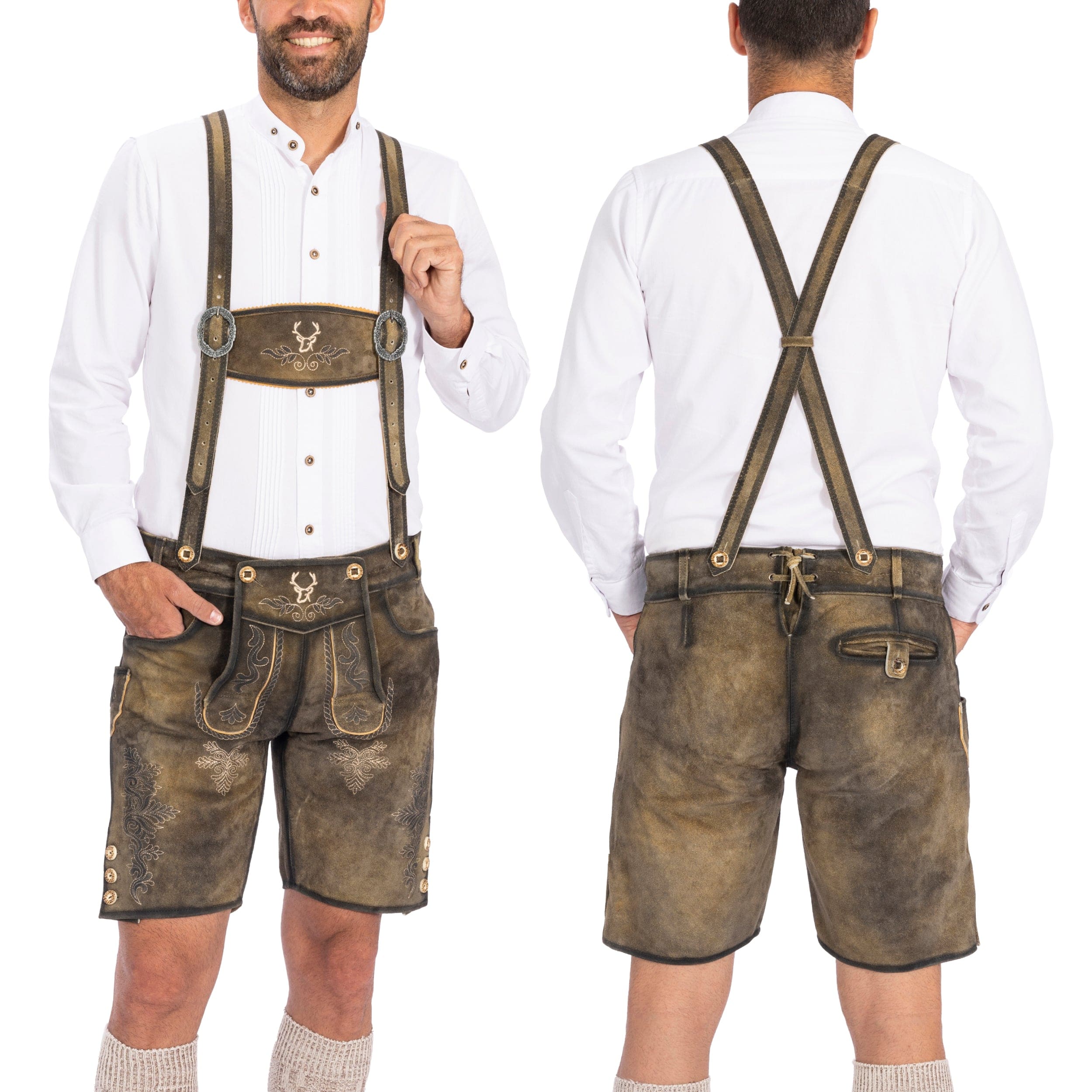 Bavarian man in leather trousers is pouring a large lager beer in tap from  wooden beer barrel in the beer garden. Background for Oktoberfest or Wiesn,  folk or beer festival (German for: