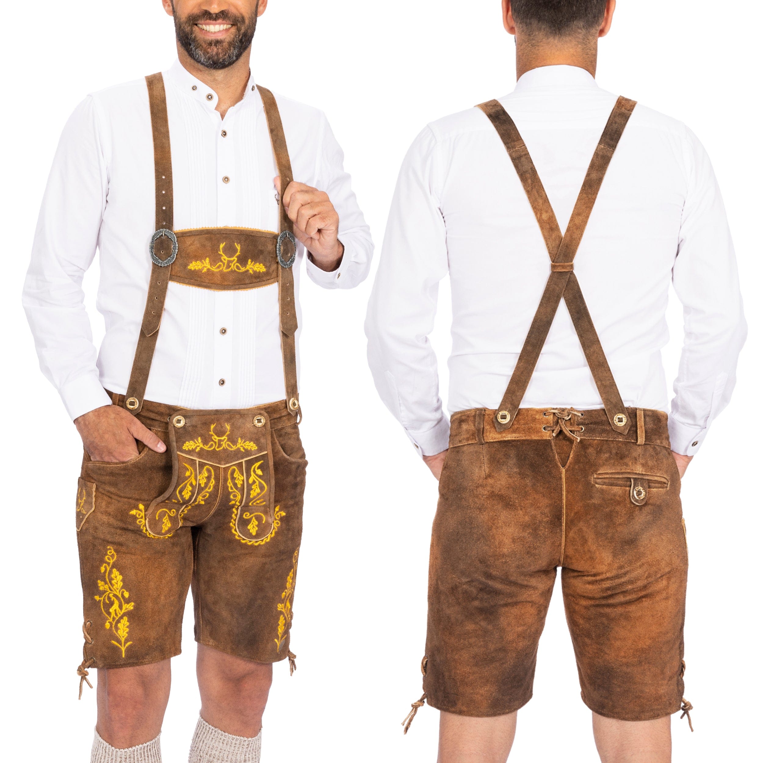 Bavaria Trachten Lederhosen Men Short Olive Yellow Oktoberfest 