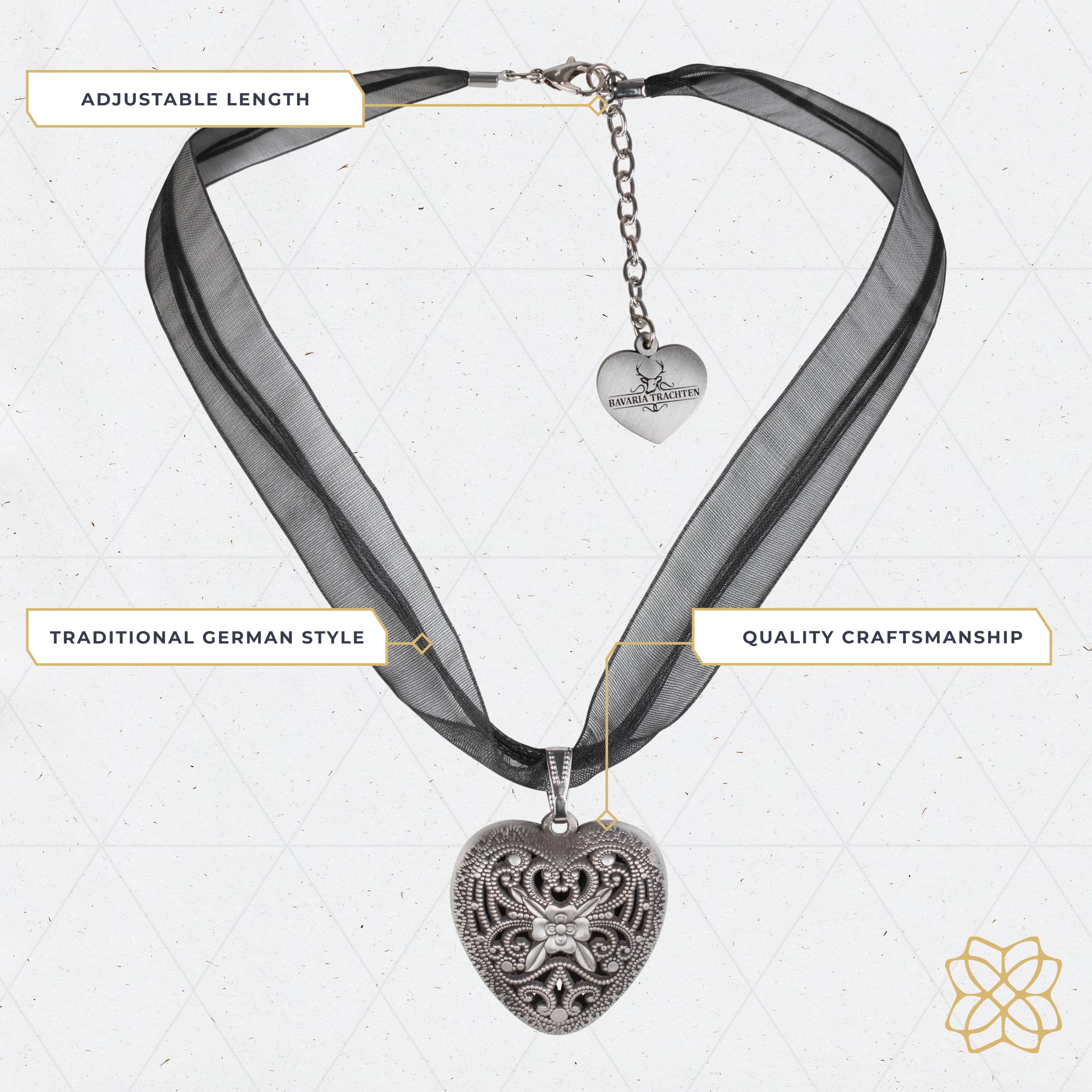 BT-AC-M-NCKL-BLK Bavaria Trachten Organza Heart Necklace Black Oktoberfest 