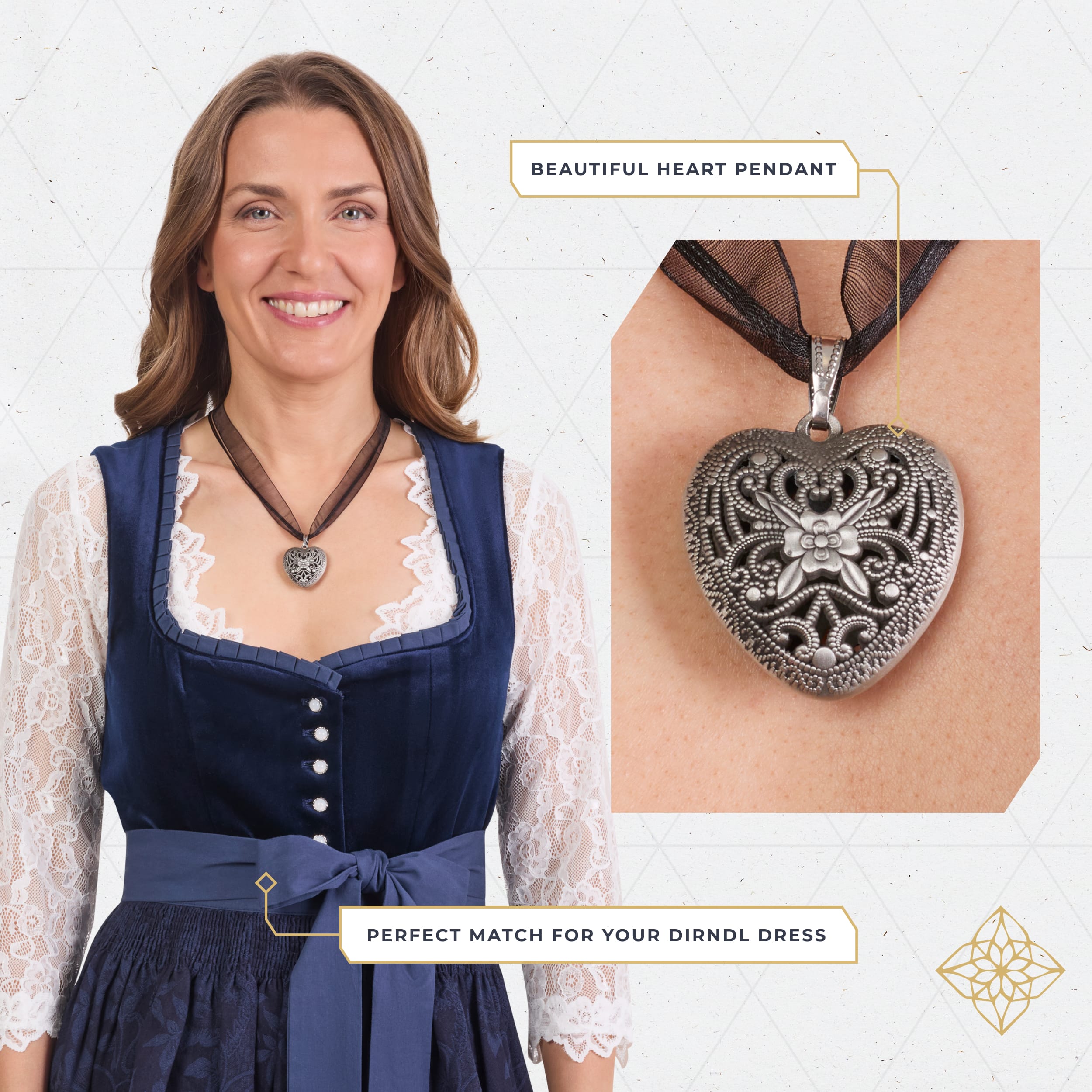 BT-AC-M-NCKL-BLK Bavaria Trachten Organza Heart Necklace Black Oktoberfest 