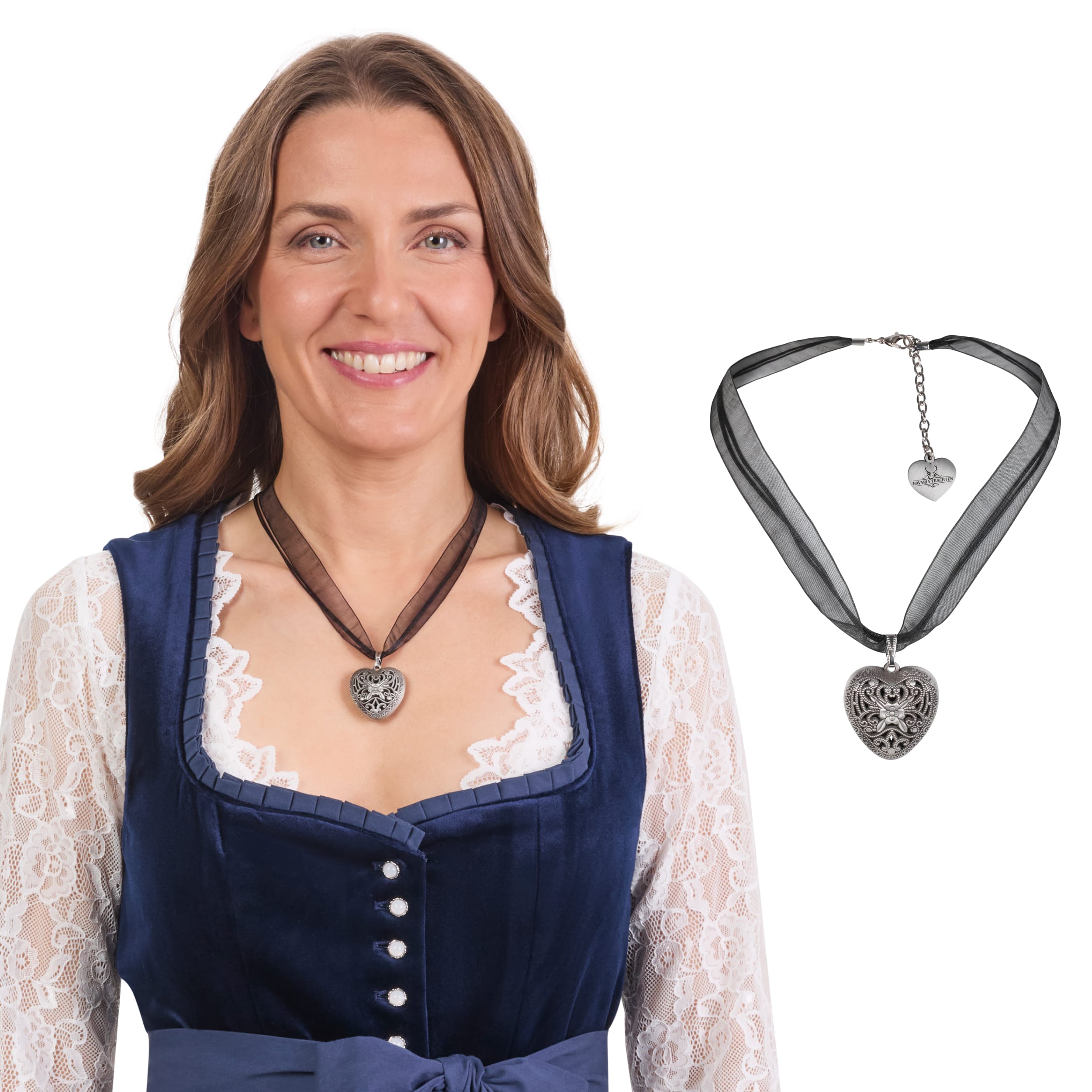 BT-AC-M-NCKL-BLK Bavaria Trachten Organza Heart Necklace Black Oktoberfest 
