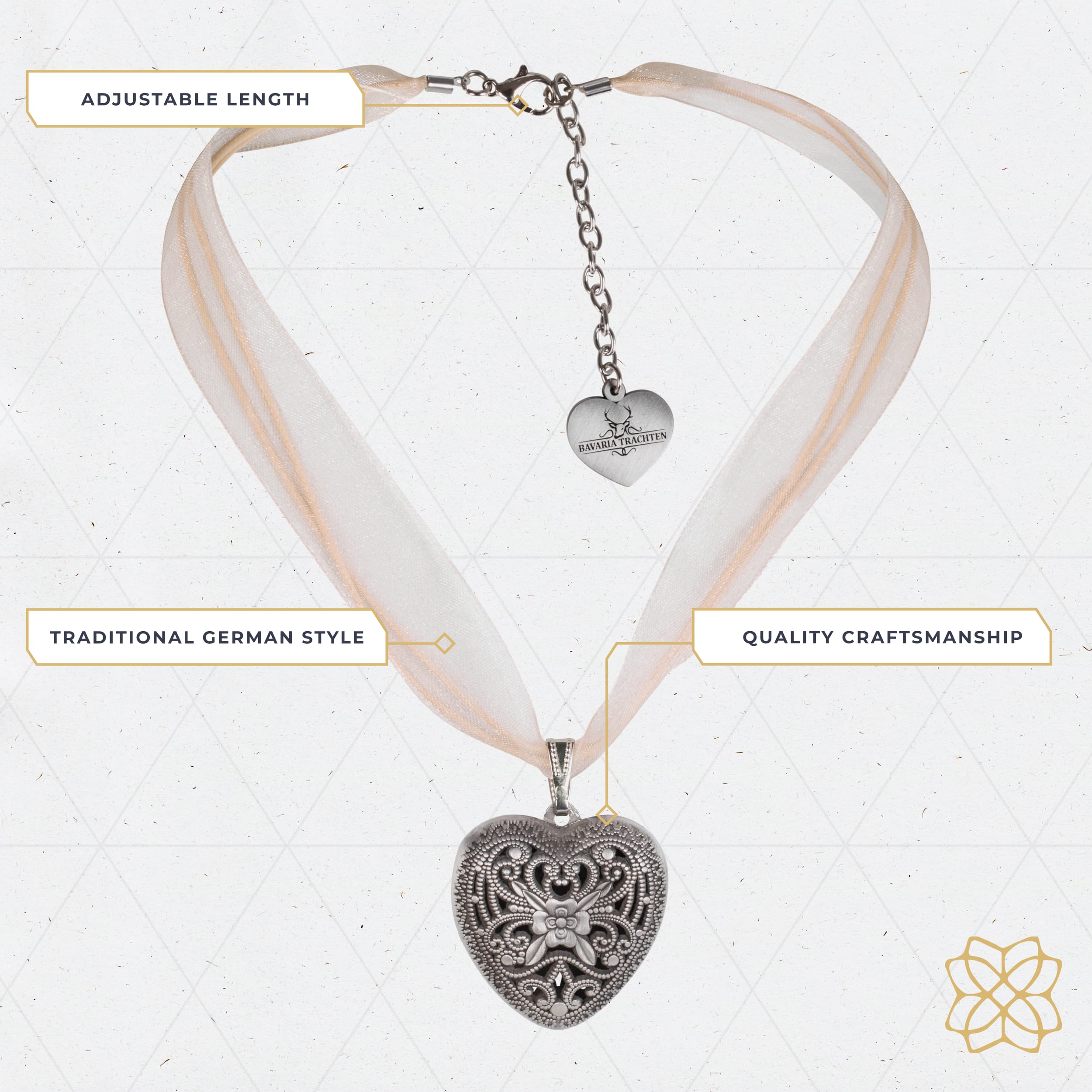 BT-AC-M-NCKL-GLD Bavaria Trachten Organza Heart Necklace Gold Oktoberfest 