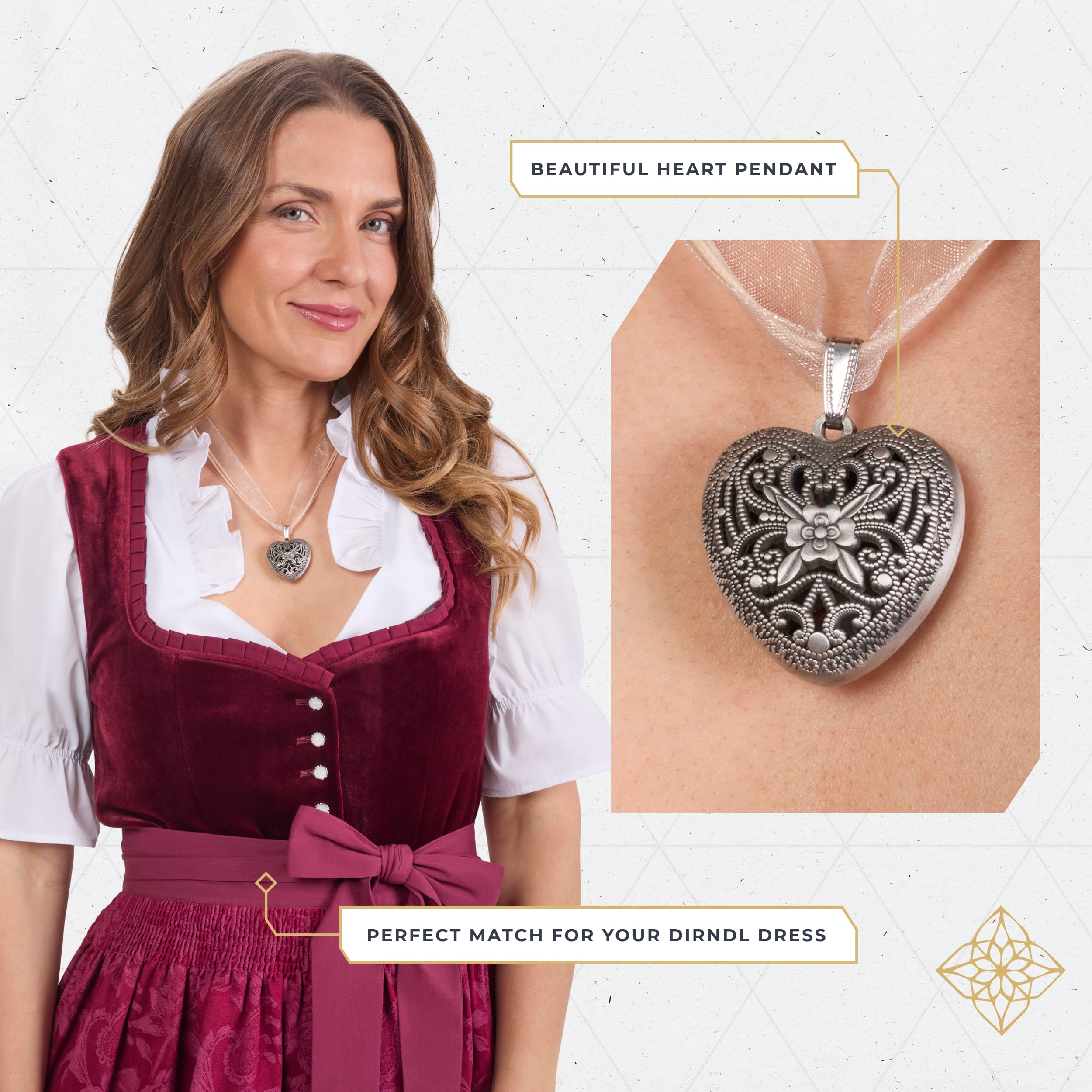 BT-AC-M-NCKL-GLD Bavaria Trachten Organza Heart Necklace Gold Oktoberfest 