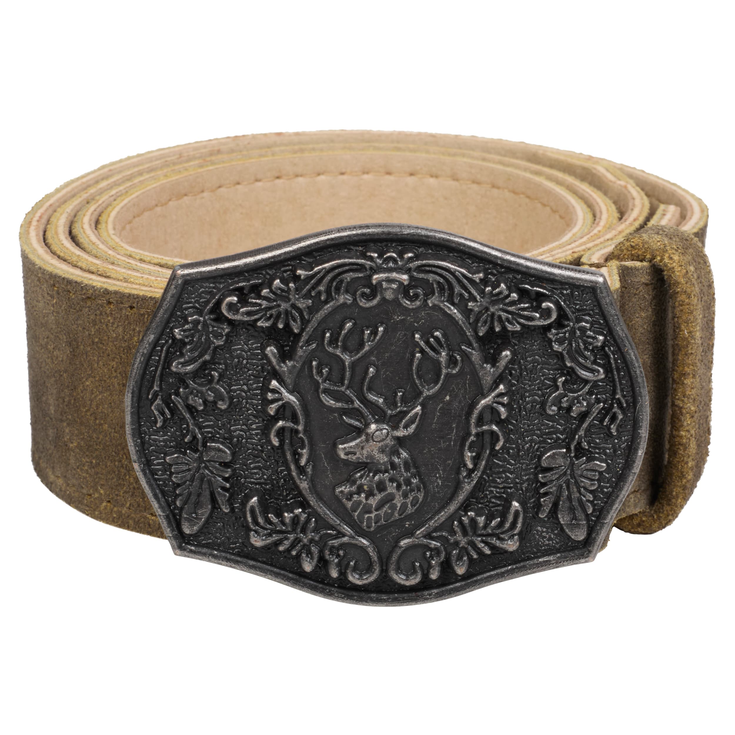 BT-LH-BLT-AWB-S Bavaria Trachten Small Lederhosen Belt for Men Genuine Suede Leather Oktoberfest Belt with Traditional Stag Buckle, Adjustable Bavarian Belt - Antique Waxed Brown Oktoberfest 