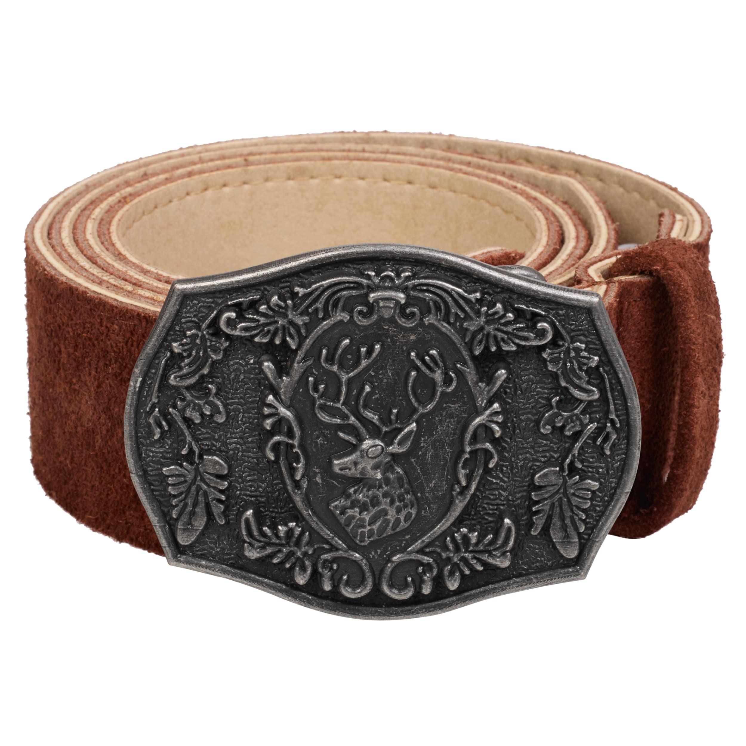 BT-LH-BLT-DBR-S Bavaria Trachten Small Lederhosen Belt for Men Genuine Suede Leather Oktoberfest Belt with Traditional Stag Buckle, Adjustable Bavarian Belt - Dark Brown Oktoberfest 