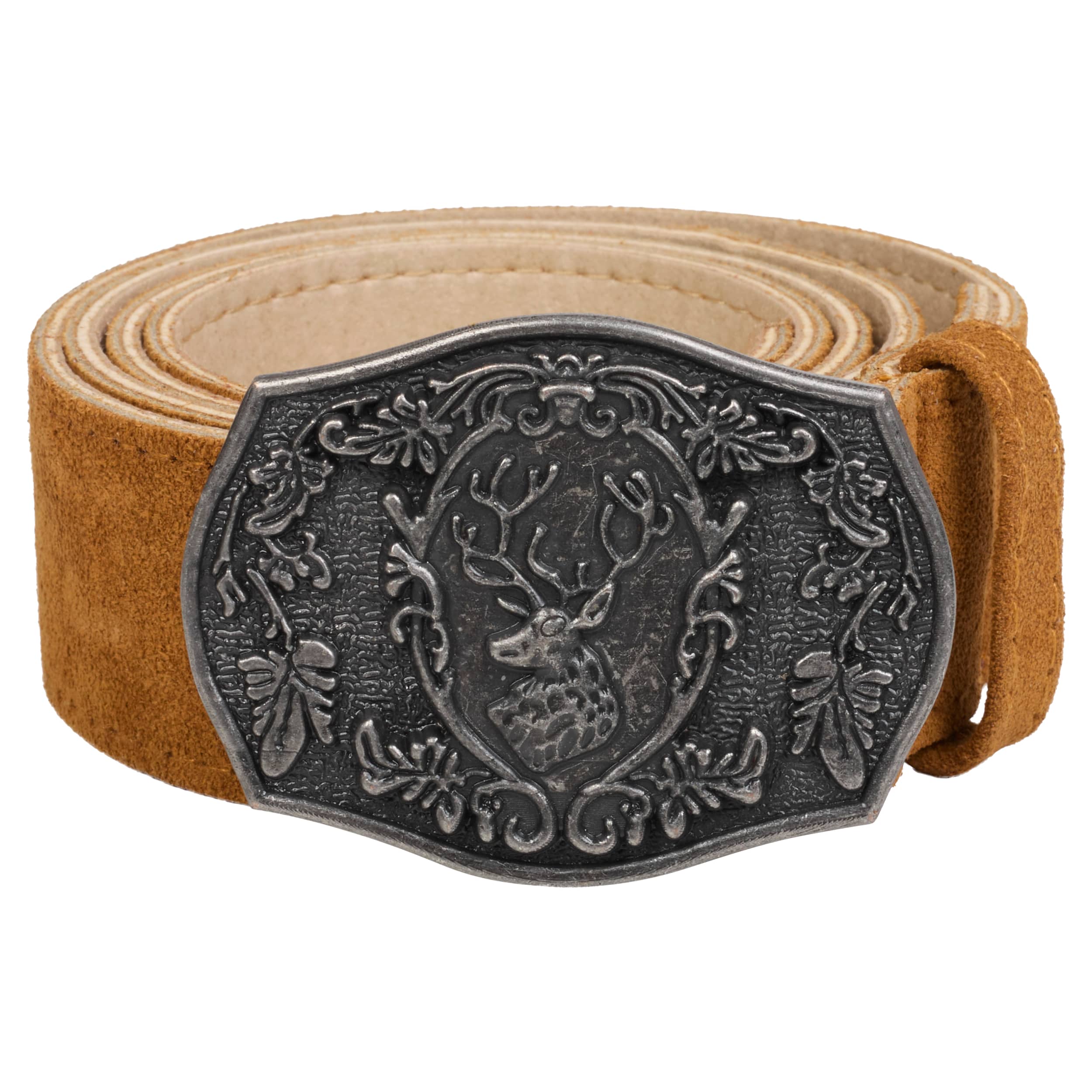 BT-LH-BLT-LBR-S Bavaria Trachten Small Lederhosen Belt for Men Genuine Suede Leather Oktoberfest Belt with Traditional Stag Buckle, Adjustable Bavarian Belt - Light Brown Oktoberfest 