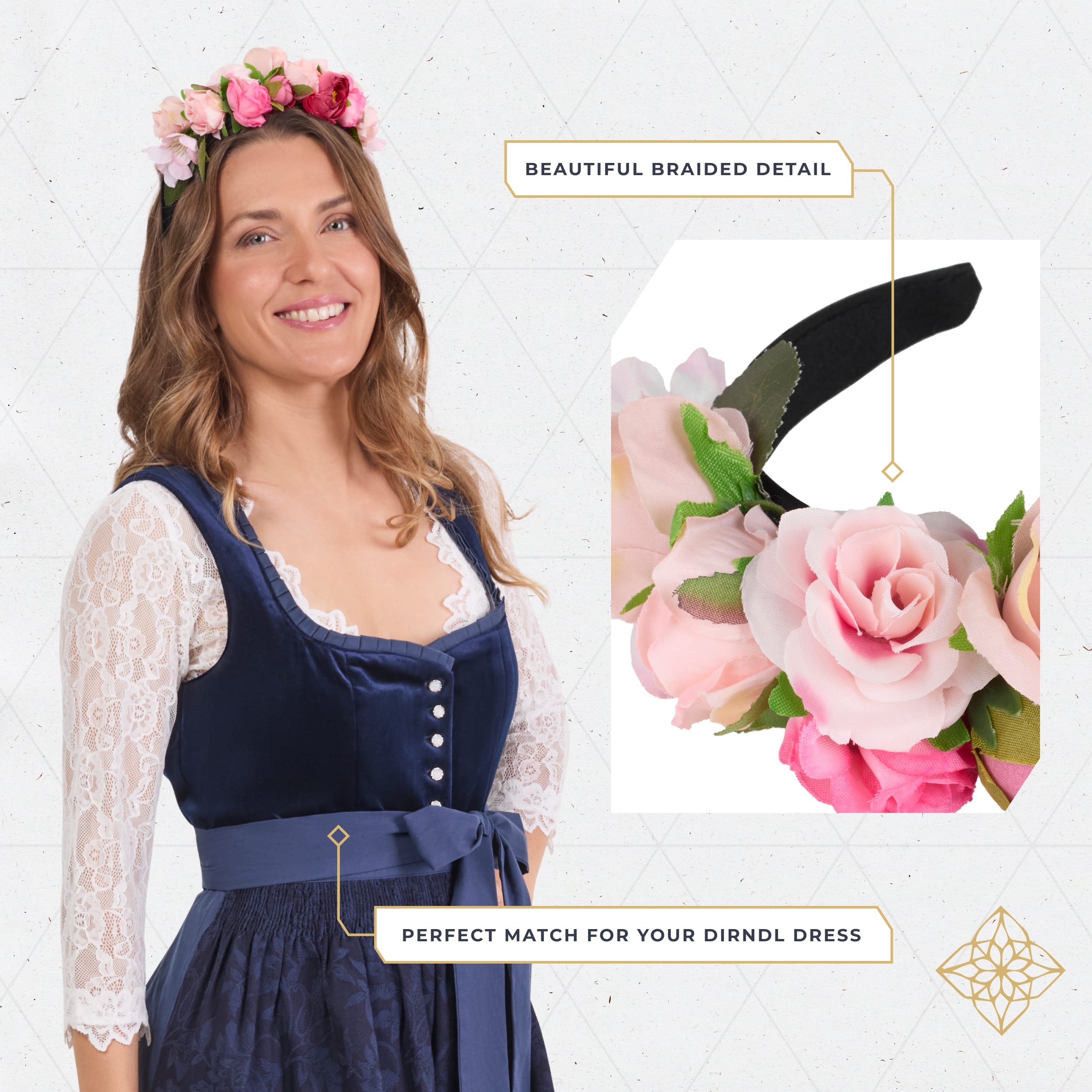 BT-W-HB-FLW-ROS Bavaria Trachten Floral Headband Rose Oktoberfest 