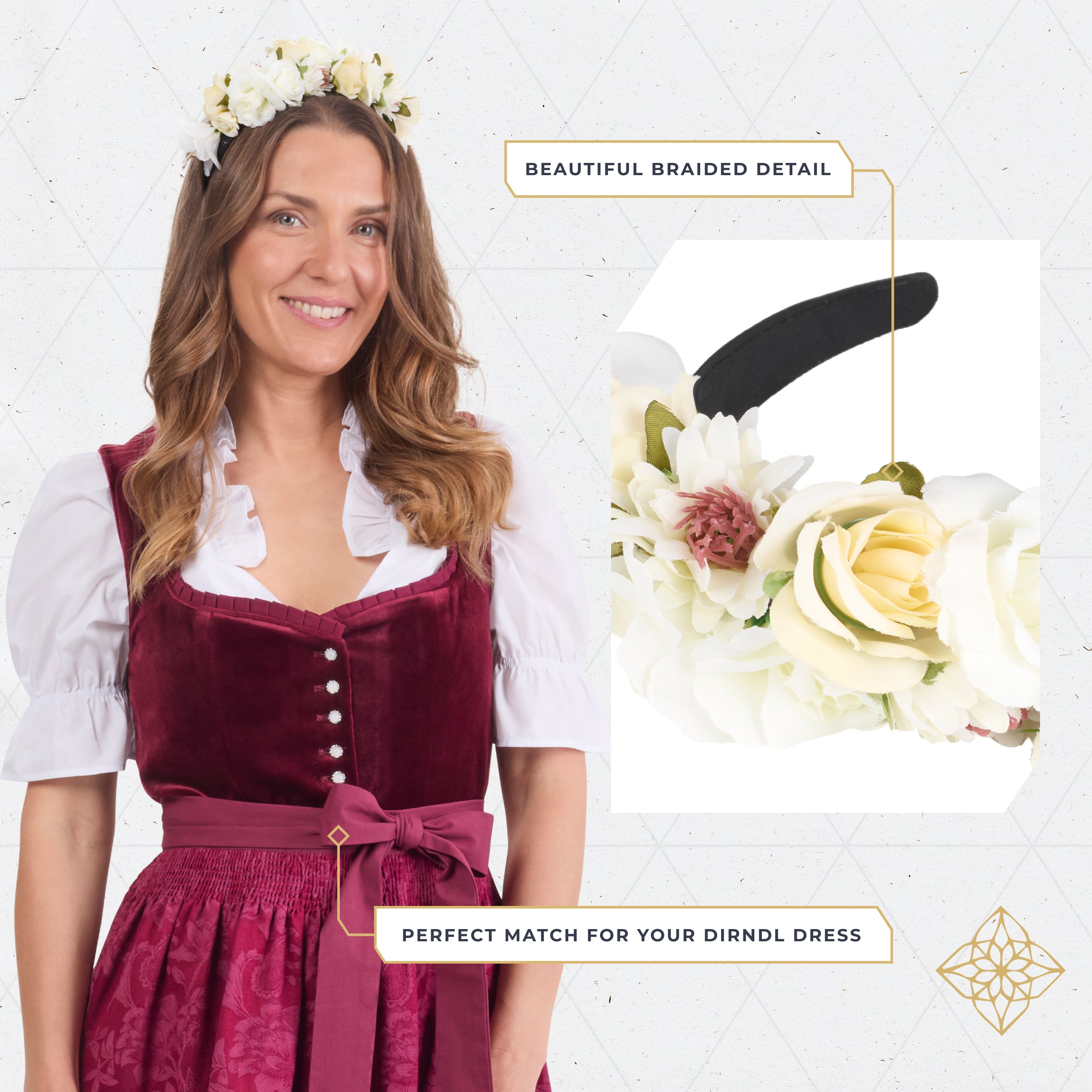 BT-W-HB-FLW-WHT Bavaria Trachten Floral Headband White Oktoberfest 
