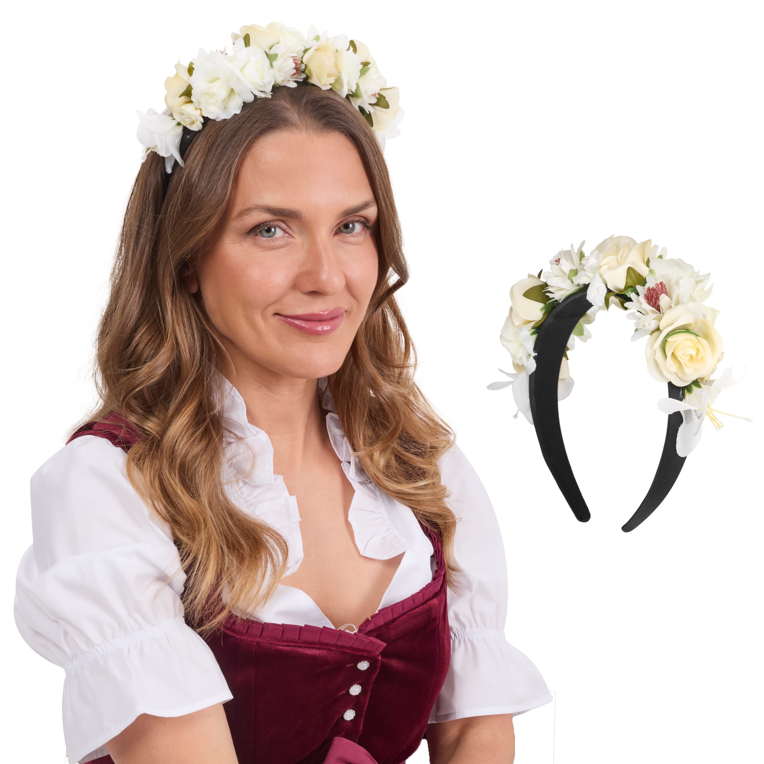 BT-W-HB-FLW-WHT Bavaria Trachten Floral Headband White Oktoberfest 